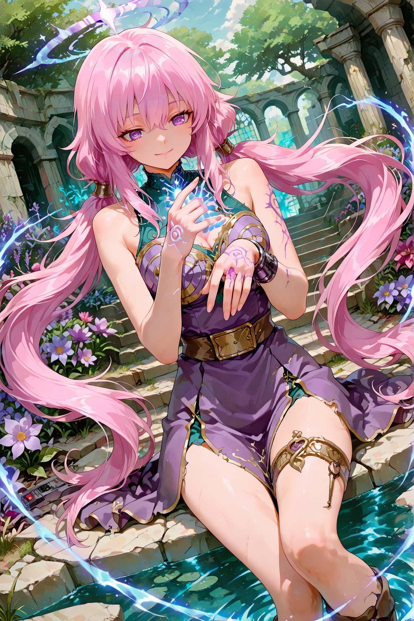 ((perfect hands with five fingers for hand)),748cmstyle, full figure, Spiral blue energy, very fine perfect hands con only five fingers for hand, trait, anime, Young The Last Heir of Ancient family.
You are the last heir of a special ability or legacy—how will you use it, uses her powers for justice, in a remote and desolate land without rules with some ruins of a past civilisation, Her give life at plants and flowers, pose dynamic intense nice anime purple eyes, very long long twintails pink hair , smile , dynamic pose, dynamic angle, outdoor in wastseland garden.