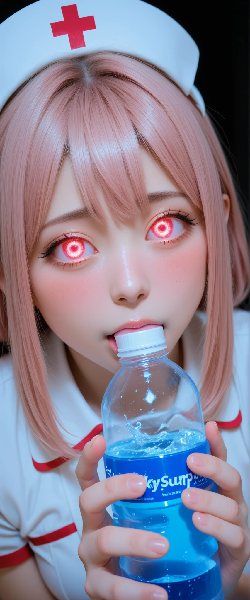 A girl in a white nurse's outfit is holding a light pink bottle. She's nervous and shy, drunk eyes, vacuum fellatio for water bottle, white syrup in water bottle,
KY_0002, glowing, ,