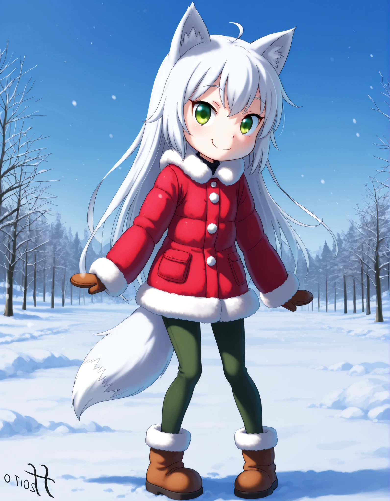 14_bis_v1,, anime, solo, BREAK, young fox girl, skinny and frail, (petite,cute:0.5), green eyes, looking at viewer, long hair, white hair, smile, winter clothes, outdoors, winte