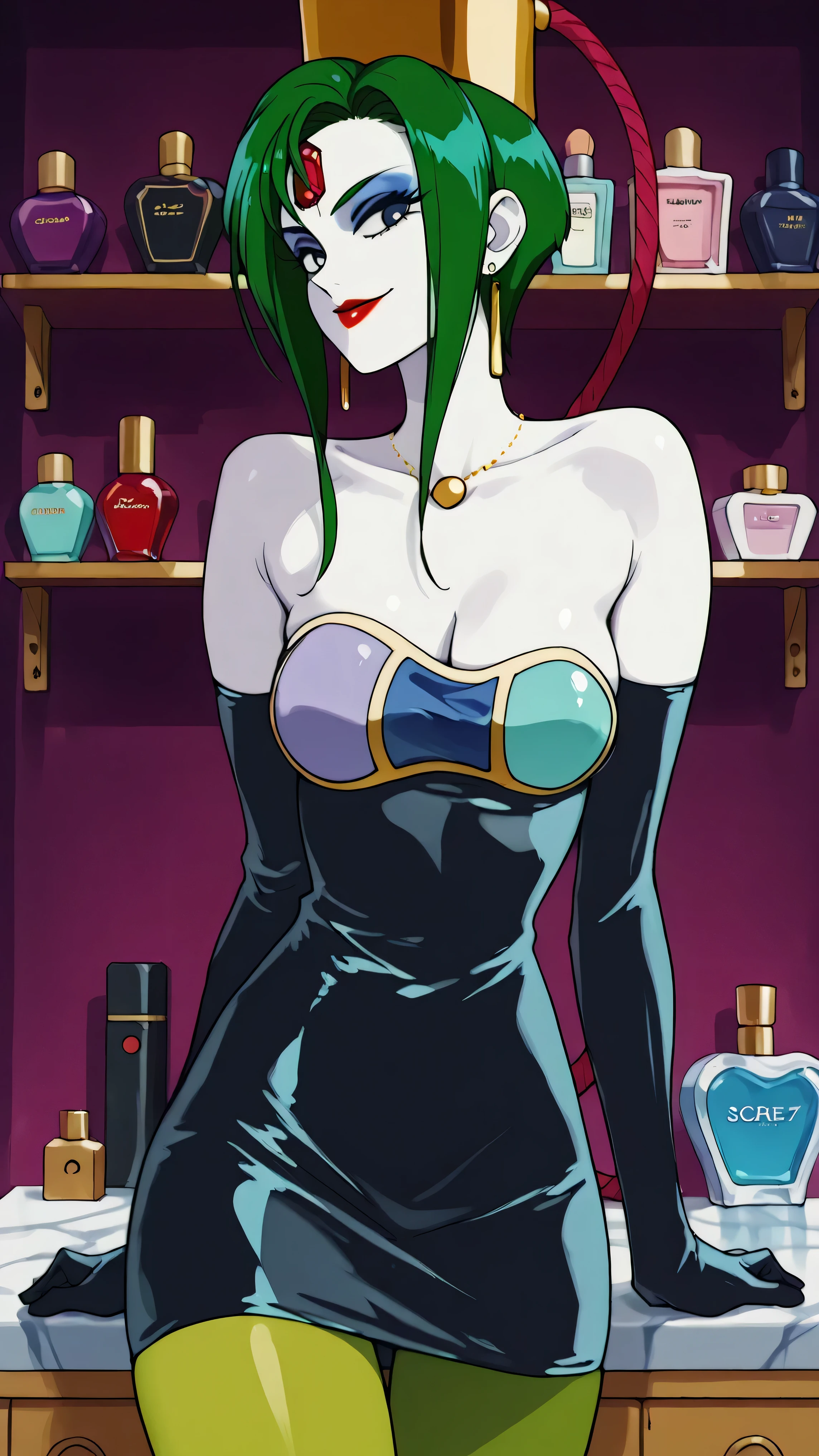 score_9,score_8_up ,score_7_up ,Very Cute Girls:5.0, masterpiece, high image quality, ,perfect face:5.0, very cute face, retro anime style,One Girl, Slim, heavy makeup:9.0 , green hair, white skin:5.0 , Red jewel on forehead, glossy clear red lipstick, big blue eyes, villain pose , Brutal Mockery , closed mouth with a big smile, Look back in a big way, 顔up, 顔ドup, gold round necklace, long thin gold earrings, red lips, Stylish white dressing table, solo, Perfume Bottle Shelf, colorful perfume bottle, the most skinny thighs, dark blue latex long sleeve grobe, strapless dark blue latex dress, dark blue latex short dress, green pantyhose, gold cap with red hose, クリーンな眉間, 冷酷にあざ笑う顔, very big evil smile, very Big saggy breast, saggy body
