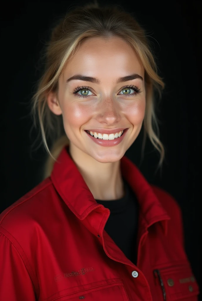 photo of a skinny blonde teen wife messy long hair thrown into a messy bun ponytail. She wears: (turtleneck high ribbed bright tight red sweater:1.1), pose, high tight ribbed neck, smile, perfect fake , turtleneck top