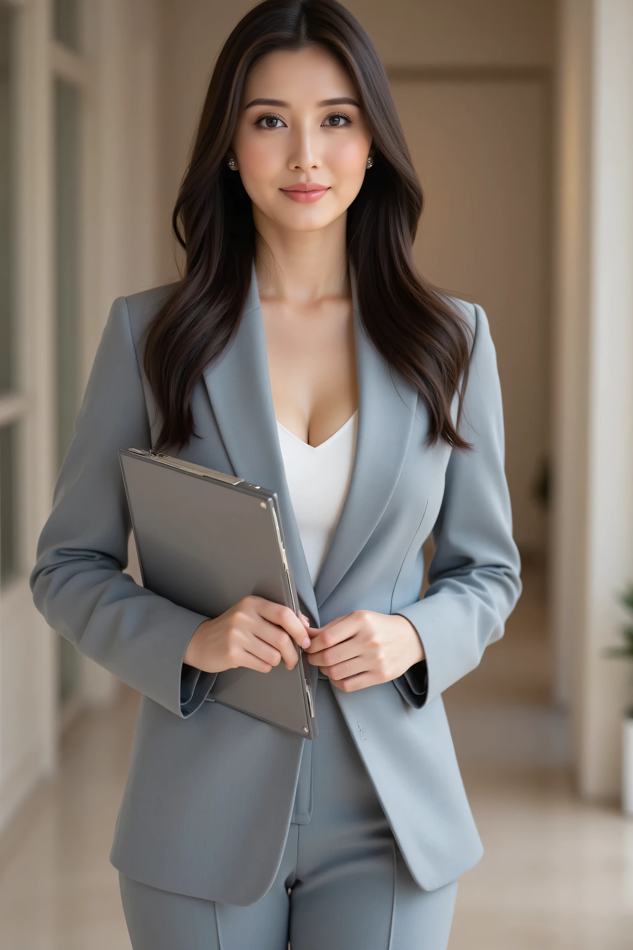 (top quality、best masterpiece、8k、best image quality、winning works)、( beautiful 30 year old woman :1.1)、(Elegant long wavy hair showing forehead:1.3)、dark haired、big breasts、glamorous body、(Elegant Grey Business Suit:1.3)、(Elegant U-neck white inner shirt:1.1)、(standing in the expansive lobby of a high-end luxury wedding venue holding a perfect and accurate clipboard:1.5)、standing gracefully、makeup、 silver striped hair 、ultra high definition hair、Ultra High Resolution Glowing Eyes、Ultra High Resolution Gloss Slip、accurate anatomy、Smile Yan、(Standing in the most elegant pose:1.2)
