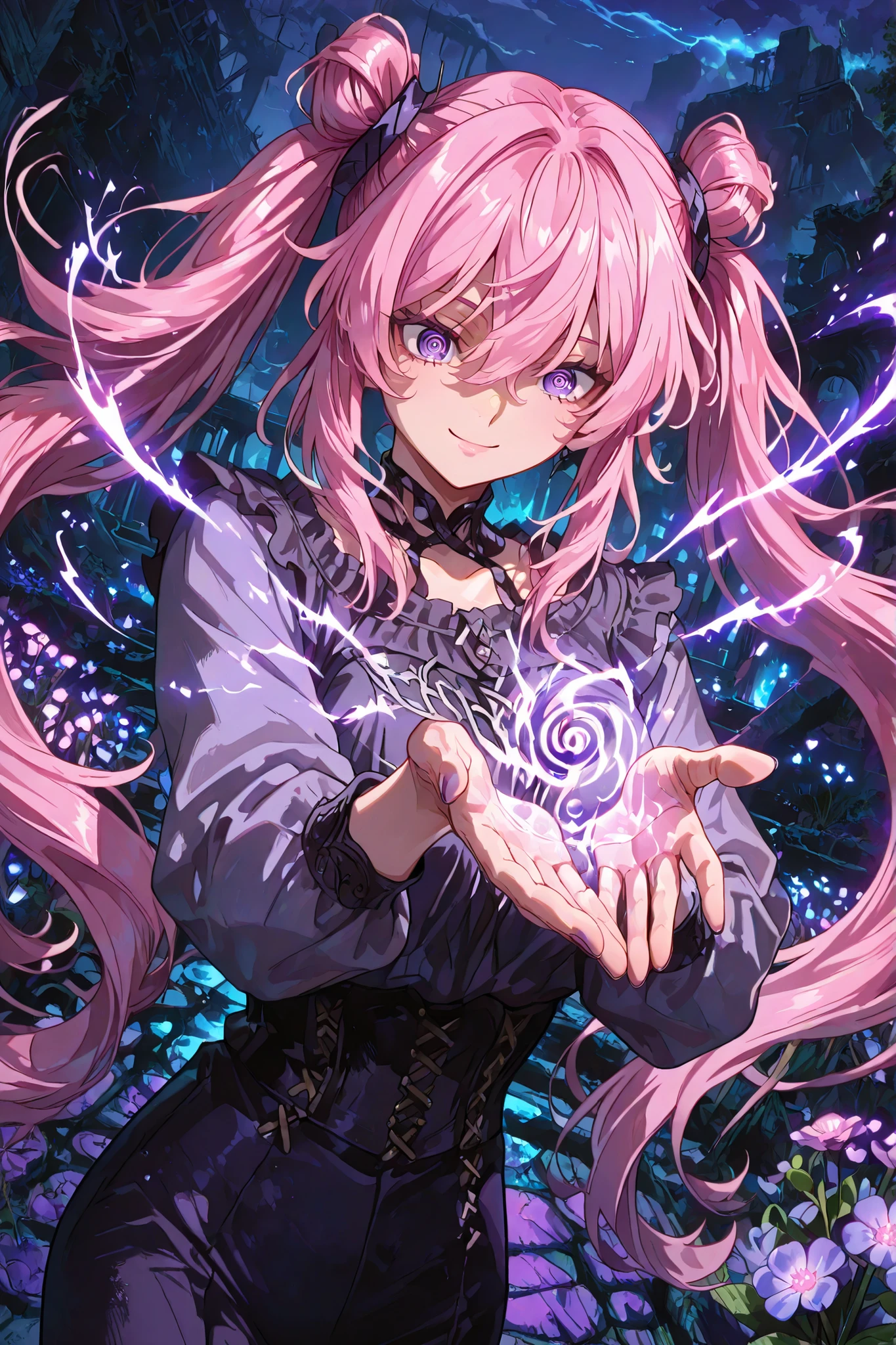 ((perfect hands with five fingers for hand)),,748cmstyle, full figure, Spiral blue energy, very fine perfect hands con only five fingers for hand, trait, anime,  Young The Last Heir of Ancient family.
You are the last heir of a special ability or legacy—how will you use it, uses her powers for justice, in a remote and desolate land without rules with some ruins of a past civilisation, Her give life at plants and flowers, pose dynamic intense  nice anime purple eyes, very long long twintails pink hair , smile , dynamic pose, dynamic angle, outdoor in wastseland garden.

