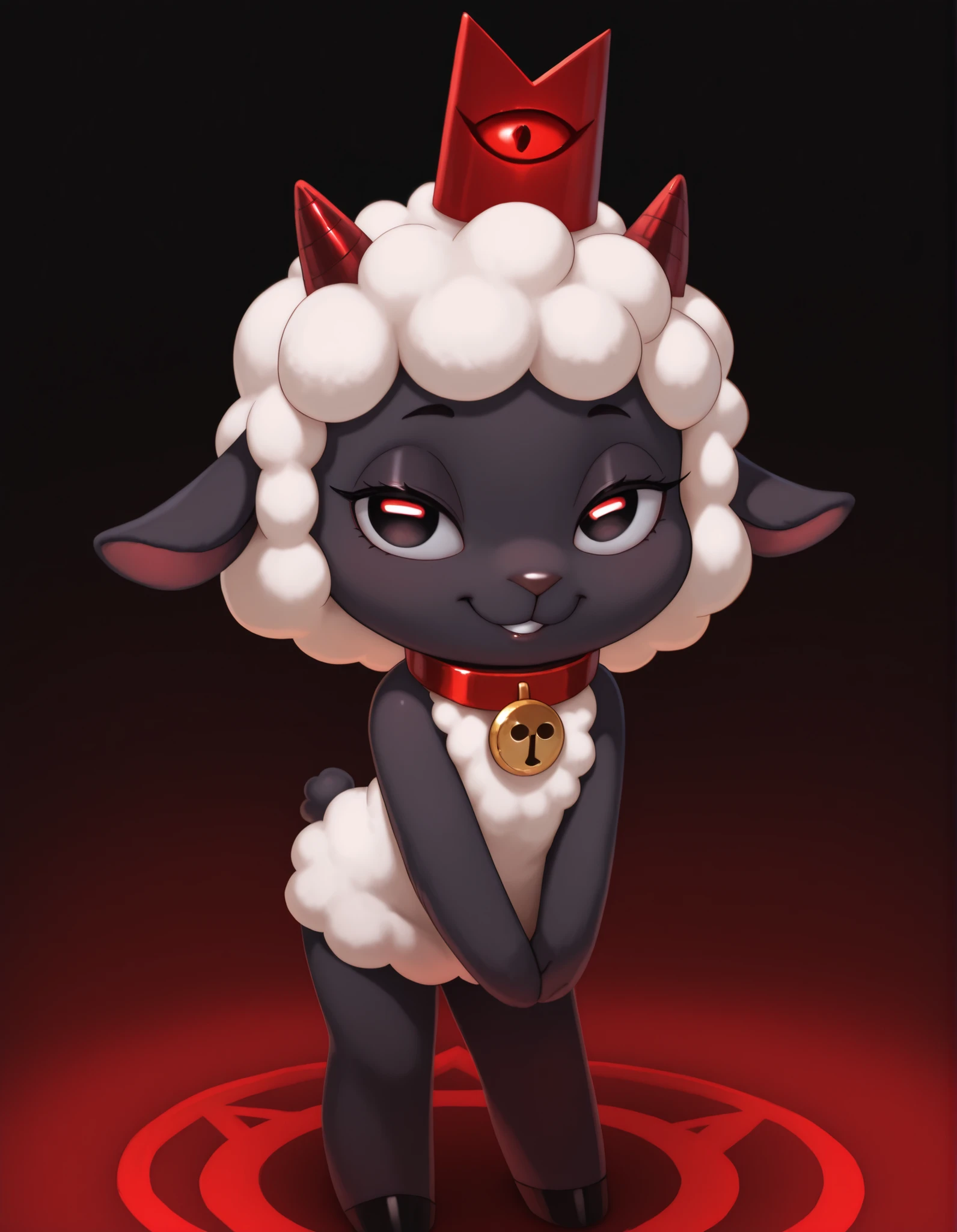 14_bis_v1,, masterpiece, best quality, very aesthetic, 1girl, solo, cult of the lamb, sheep girl, collar, horizontal pupils, red/black eyes, red crown,
