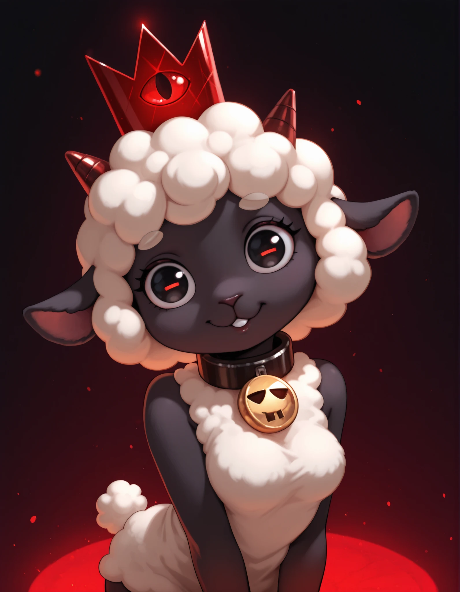 14_bis_v1,, masterpiece, best quality, very aesthetic, 1girl, solo, cult of the lamb, sheep girl, collar, horizontal pupils, red/black eyes, red crown,