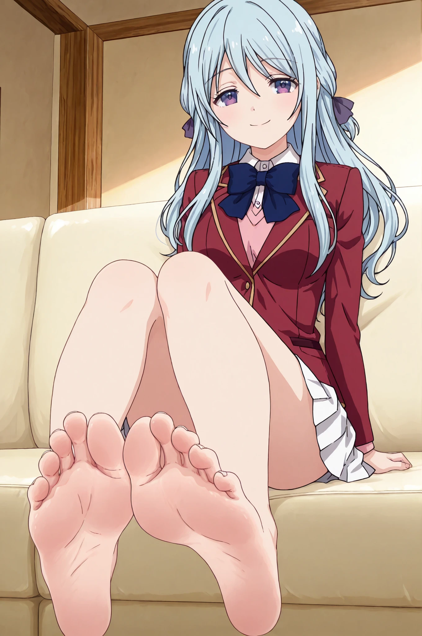 Hiyori Shiina ,hair between eyes, long hair, light blue hair, purple eyes, hair ribbon, purple ribbon
blazer, red jacket, collared shirt, white shirt, pink sweater, blue bowtie, long sleeves, miniskirt, pleated skirt, white skirt , ,with the anime-style illustration emphasizing quiet stillness through meticulous lighting and texture details. ,soft lighting, anime style, masterpiece,beautiful, emotional, watercolor texture, cool color palette, beautiful illustration,,masterpiece, best quality, amazing quality, anime screencap, Alone,,barefoot,roman feet,each foot has exactly five toes, ,  detailed feet, natural skin tone, realistic anatomy,perfect feet,toe spreading, subtle wrinkles of  Soles ,foot focus, foreshortening, sitting, couch, , medium breasts, leg extend forward, soles, toes,looking at viewer,smile 