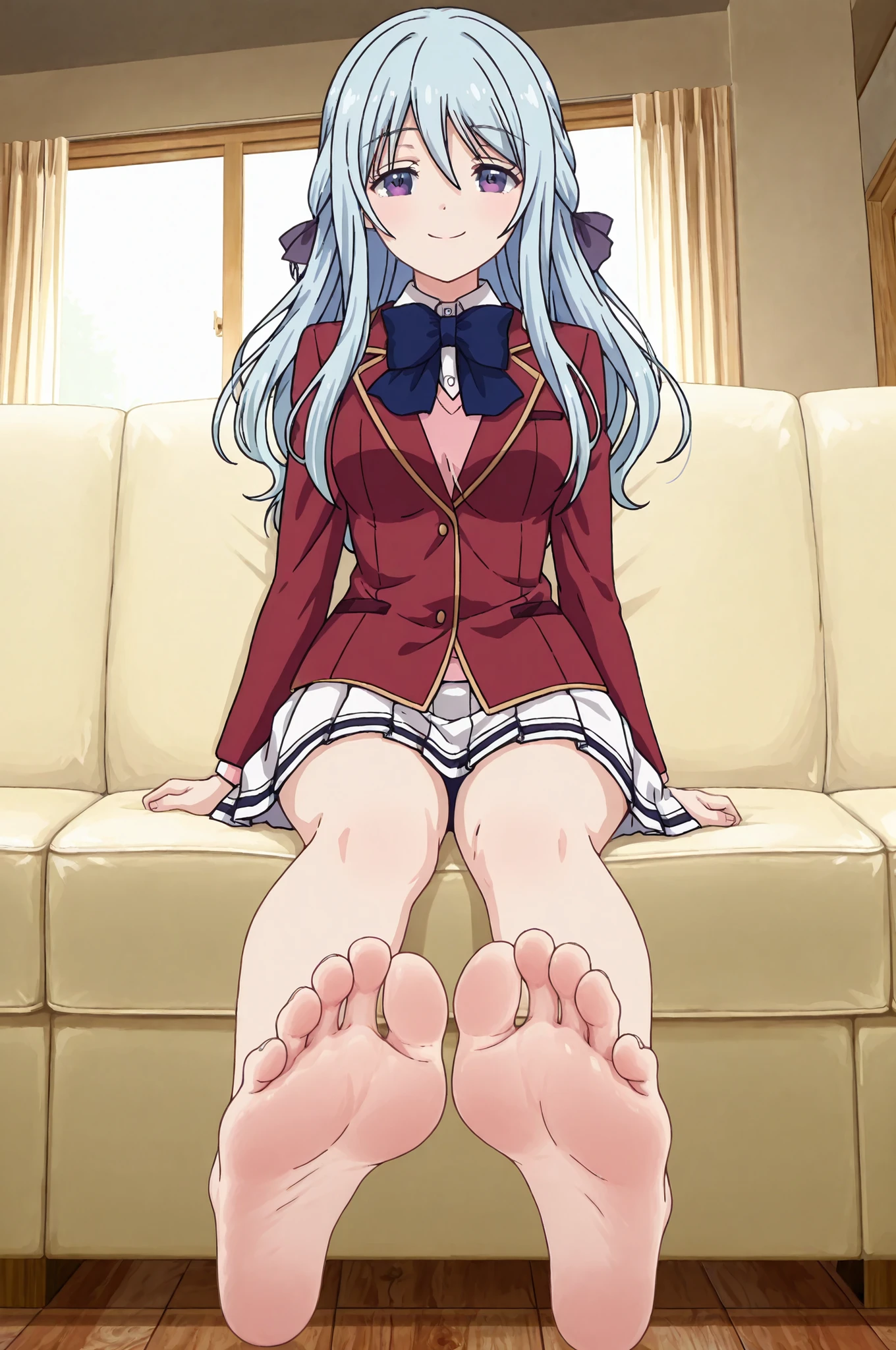 Hiyori Shiina ,hair between eyes, long hair, light blue hair, purple eyes, hair ribbon, purple ribbon
blazer, red jacket, collared shirt, white shirt, pink sweater, blue bowtie, long sleeves, miniskirt, pleated skirt, white skirt , ,with the anime-style illustration emphasizing quiet stillness through meticulous lighting and texture details. ,soft lighting, anime style, masterpiece,beautiful, emotional, watercolor texture, cool color palette, beautiful illustration,,masterpiece, best quality, amazing quality, anime screencap, Alone,,barefoot,roman feet,each foot has exactly five toes, ,  detailed feet, natural skin tone, realistic anatomy,perfect feet,toe spreading, subtle wrinkles of  Soles ,foot focus, foreshortening, sitting, couch, , medium breasts, leg extend forward, soles, toes,looking at viewer,smile 