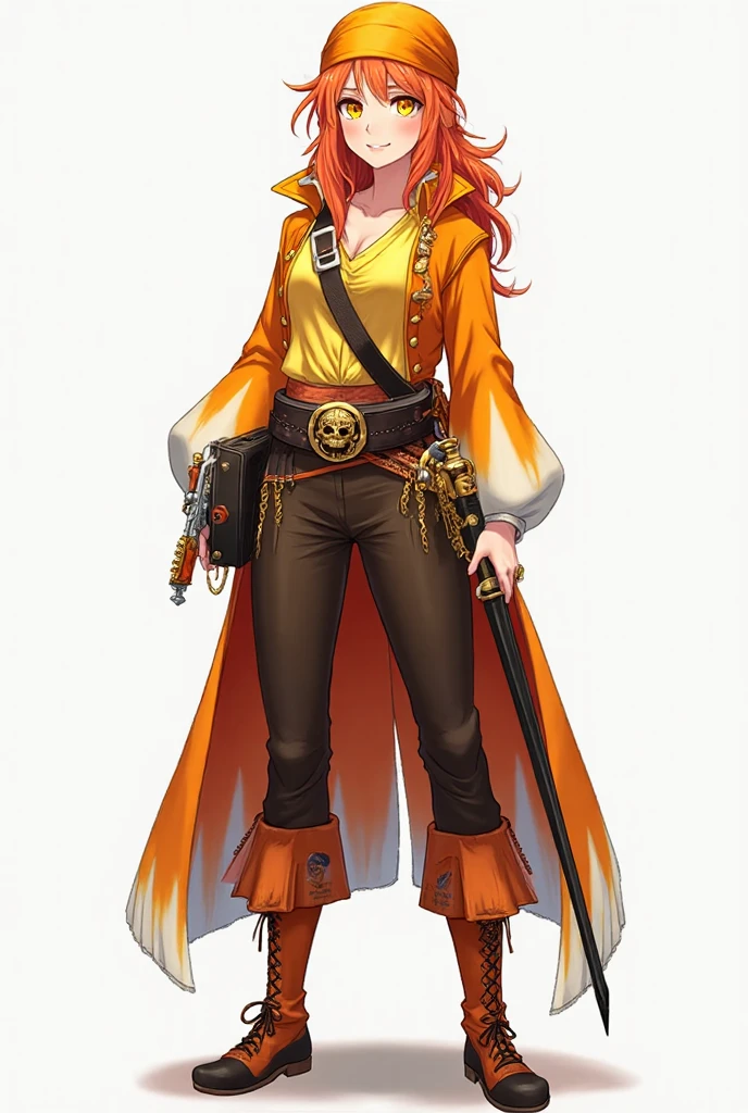 ((Highest quality)), ((masterpiece)), (be familiar with),Clementine,Overload,{{}},Sleeveless sweater,shawl,pants,Bewitching Smile,whole body