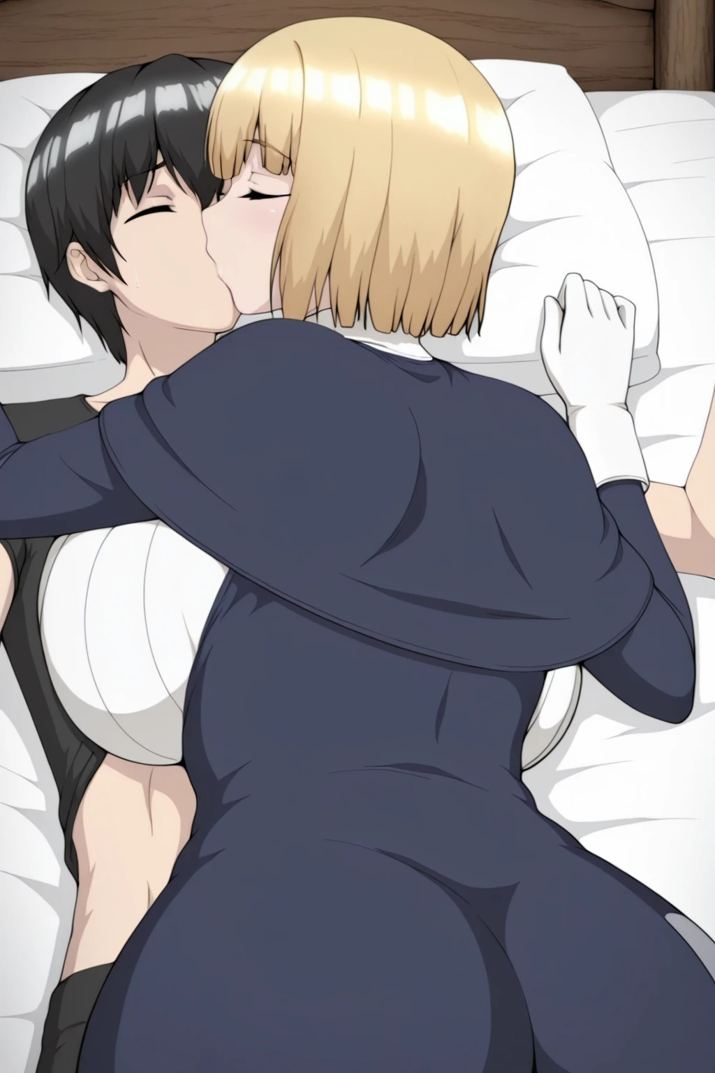 score_7_up, source_anime, anime screencap, best quality, 1girl, black hair, short hair, blue eyes, large breasts, press breasts, big ass, nude, blush, 1boy, Shota, blonde hair, smile, smug, from side, nsfw, sex from behind, standing, doggystyle, on bed, on all fours, hug from behind, bed room, orgasm, feel horny