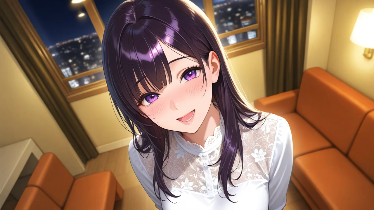 Detailed CG, Ultra-fine illustrations,masterpiece,highest quality, AW Photos,Realistic,BREAK(white collared shirt:1.5)BREAK,(Pale skin:1.2),Shiny skin Shiny Hair,(A 26-year-old woman with straight hair and bangs)and(Medium Hair)and(Black Hair)and(Purple eyes),(light smile)and(blush)and(upturned eyes),open mouth,(hands on own chin:1.5)and(Biologically correct５Fingesurprised),Night bar in the background,alone