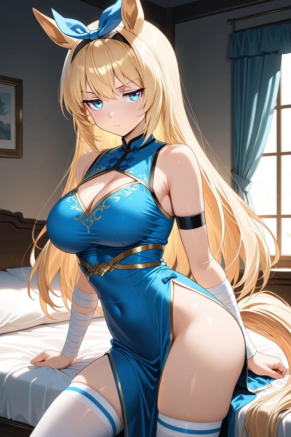 最high quality、best image quality、masterpiece、Curvy but thin body、perfect eyes, perfect face,The exact number of fingers、Exact number of legs、The exact number of armatures((bust 180:1.8)),beautiful blue eyes、1 girl:4.0、milking(Own),((??????????? cleavage:1.8)),beautiful ???????、beautiful ???????????(????? ???????:1)、???? look、???????????, 、black stockings、light blue short hair（inwardly curled hair）、thin、((???? navy elegant outfit 1.8,golden decoration:1.5)),from head to calf、black wristband on wrist、Golden star-shaped hair ornament、Golden Necklace、red face、Slippery texture)）high quality、beautiful art、With background((bed)))、visual art、written boundary depth、One earring in each ear、mole under eye、beautiful thighs 