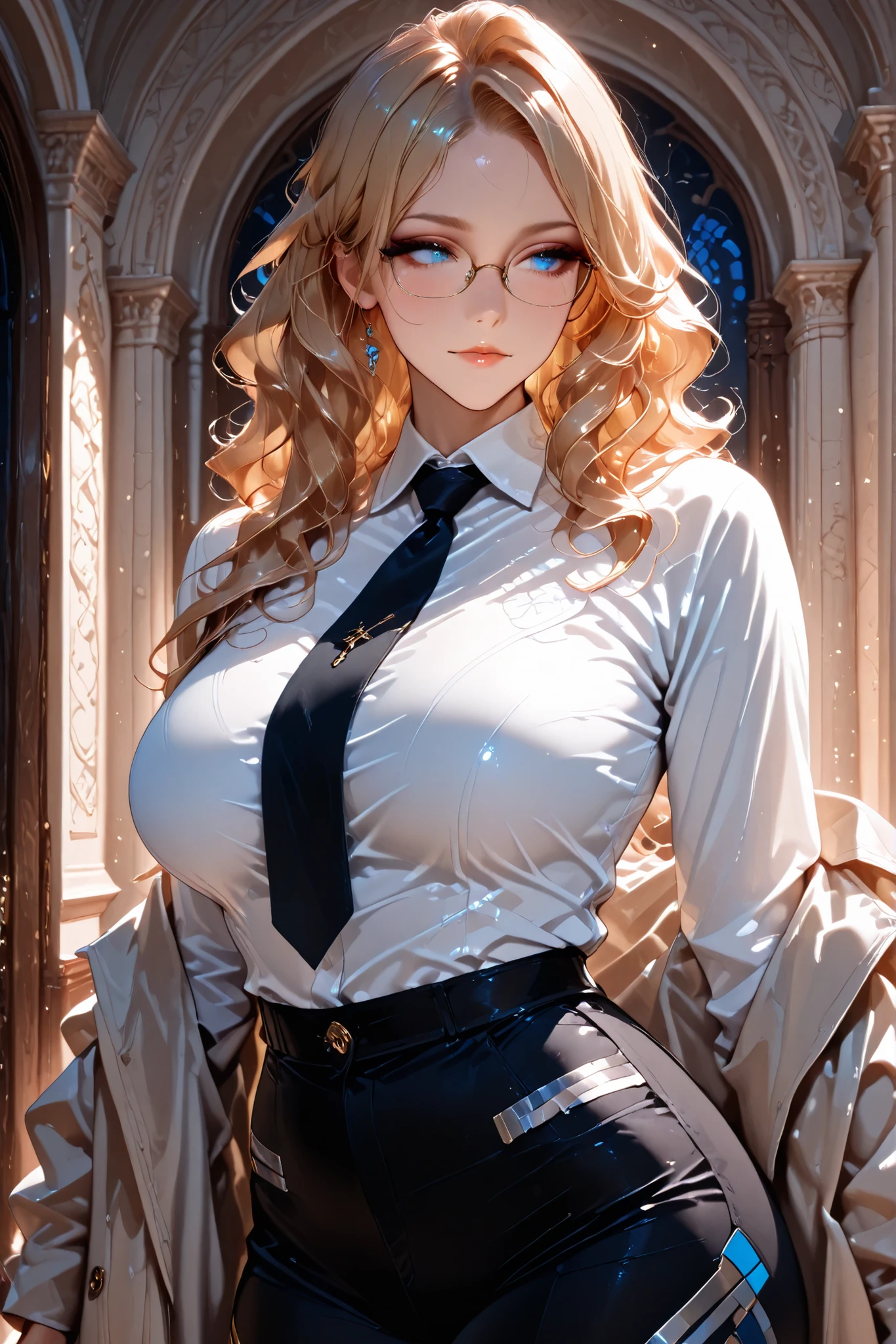 masterpiece, the best quality, excellent quality, super detail, latest, very aesthetic, A girl, mature women, glasses, big breasts, blonde hair, blue eyes, ((wavy hair with a smooth stripe in the middle)), White shirt, black trousers, black tie, overcoat