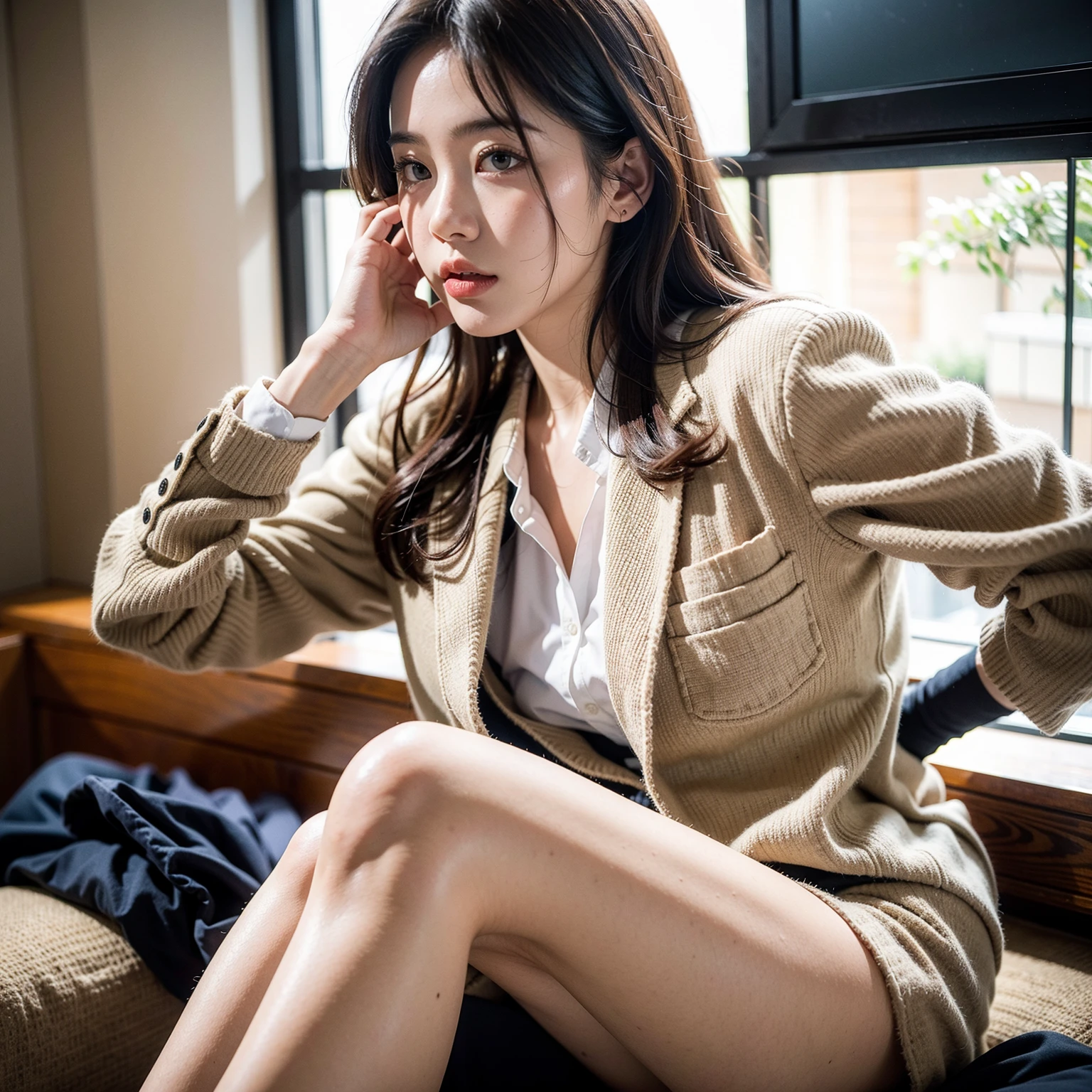 masterpiece, High resolution, Ultra High resolution, 4K, Black Hair, Japanese Girls, Uniform skirt, Accentuate your thighs, White thighs, Soft thighs, Shiny thighs, Sitting on a train, Facing angle, Angle from below, Sitting on a train Seat, Sit in front, Zoom camera to hip joint, Put your feet on the train floor, whole body, Looking down and sleepy, Only watching the audience, Highest quality, Ultra High resolution, Realistic, High resolution, detailed, RAW Photos, sharp, Nikon Film Pictures, Images and Stock Photos, Rich lens color, Ultra-realistic and realistic texture, Dramatic lighting, Unreal Engine,