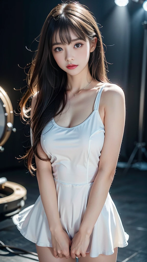 Ultra HD resolution，art photography，photography，21-year-old girl,earring,long hair,black background,Black backless dress,necklace,cowboy shoot,H Cup，show cleavage，Revealing more breasts，Incredible chest size， ，Open the arena area，Breasts get bigger，The back is smooth and beautiful.，The back is completely .，Cold skin whitening，Big butt，Clothes made from silk，messy hair，messy hair，Translucent clothes