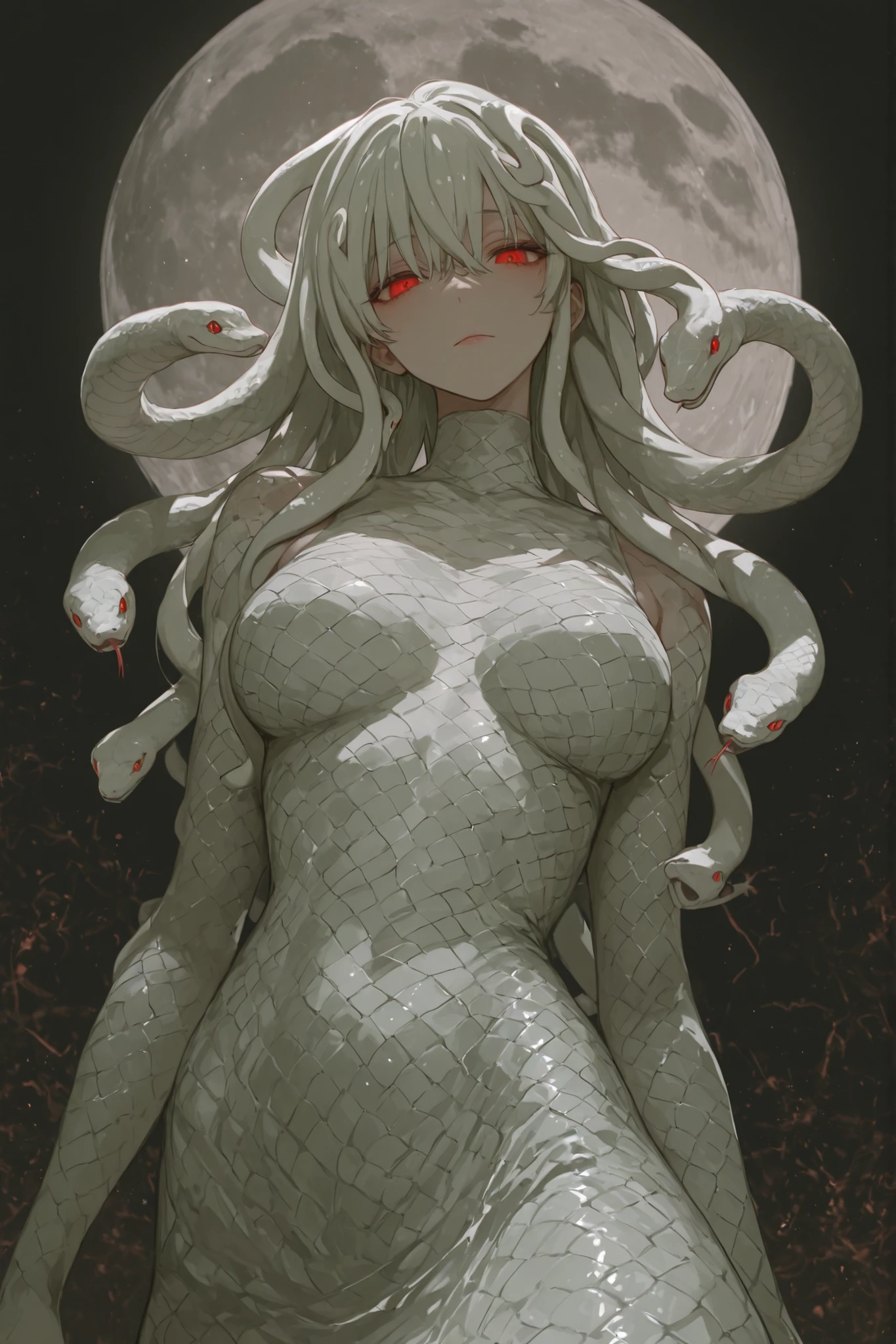 ((top quality)), ((Masterpiece)), ( details), animation、top quality、details、((Snake hair)),(((women body))), snake scale, Red eyes, No expression, no make, moon in the background, 