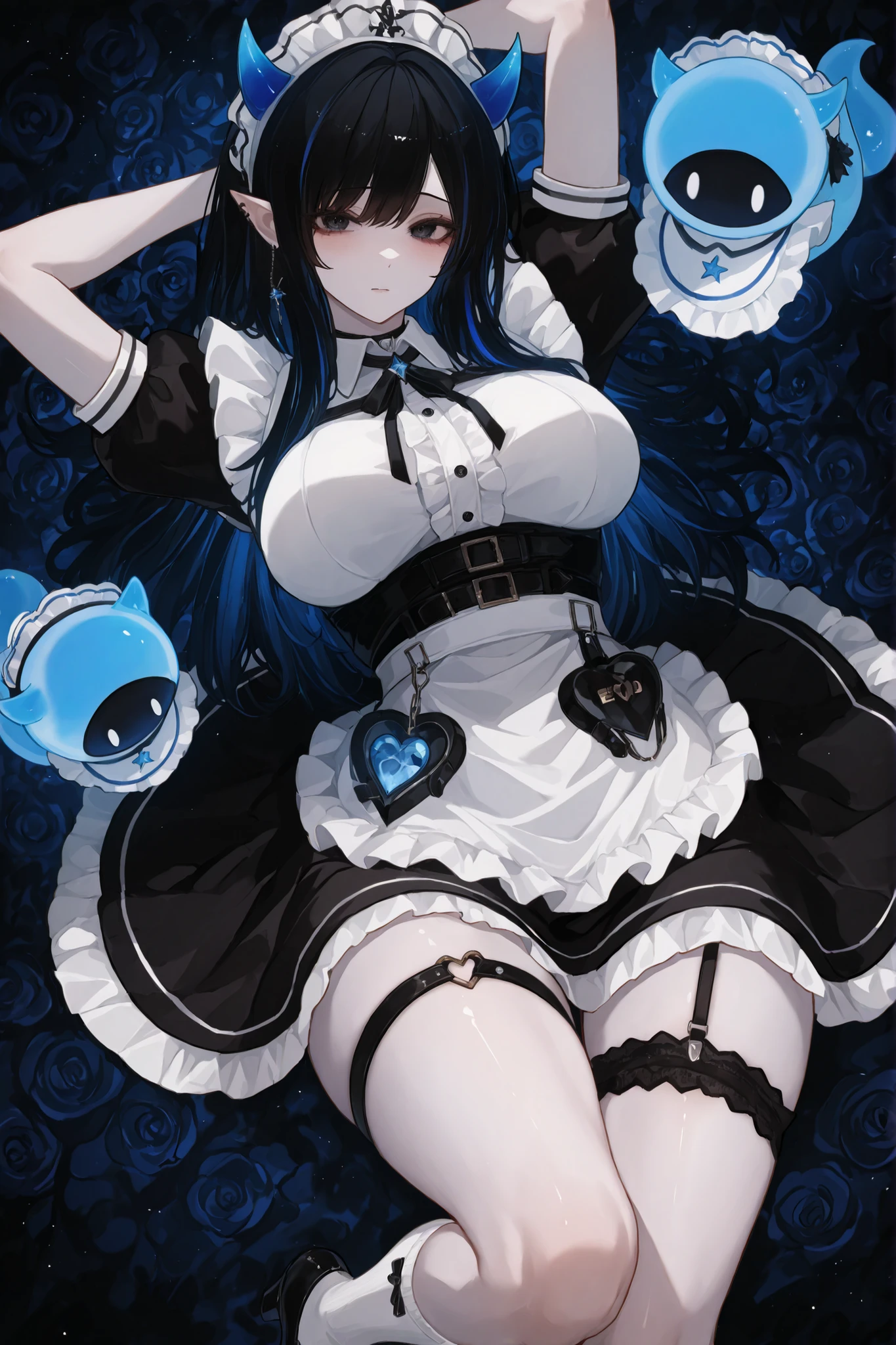 A full-bodied character with large breasts in the anime style. She has pale skin , long black hair with blue highlights, e bright blue eyes, with pointed ears e small blue horns protruding from her head. She wears a classic black e white maid outfit with a ruffled apron, um colar preto, e a black garter on her right thigh. asas de morcego , What goes from blue to black, emerges from his back . She completes her look with white socks e black Mary Jane shoes. above her head , a small blue creature with black eyes floats. The background is from a maid store with the best quality best effects and with the best HD resolution graphic quality five stars.