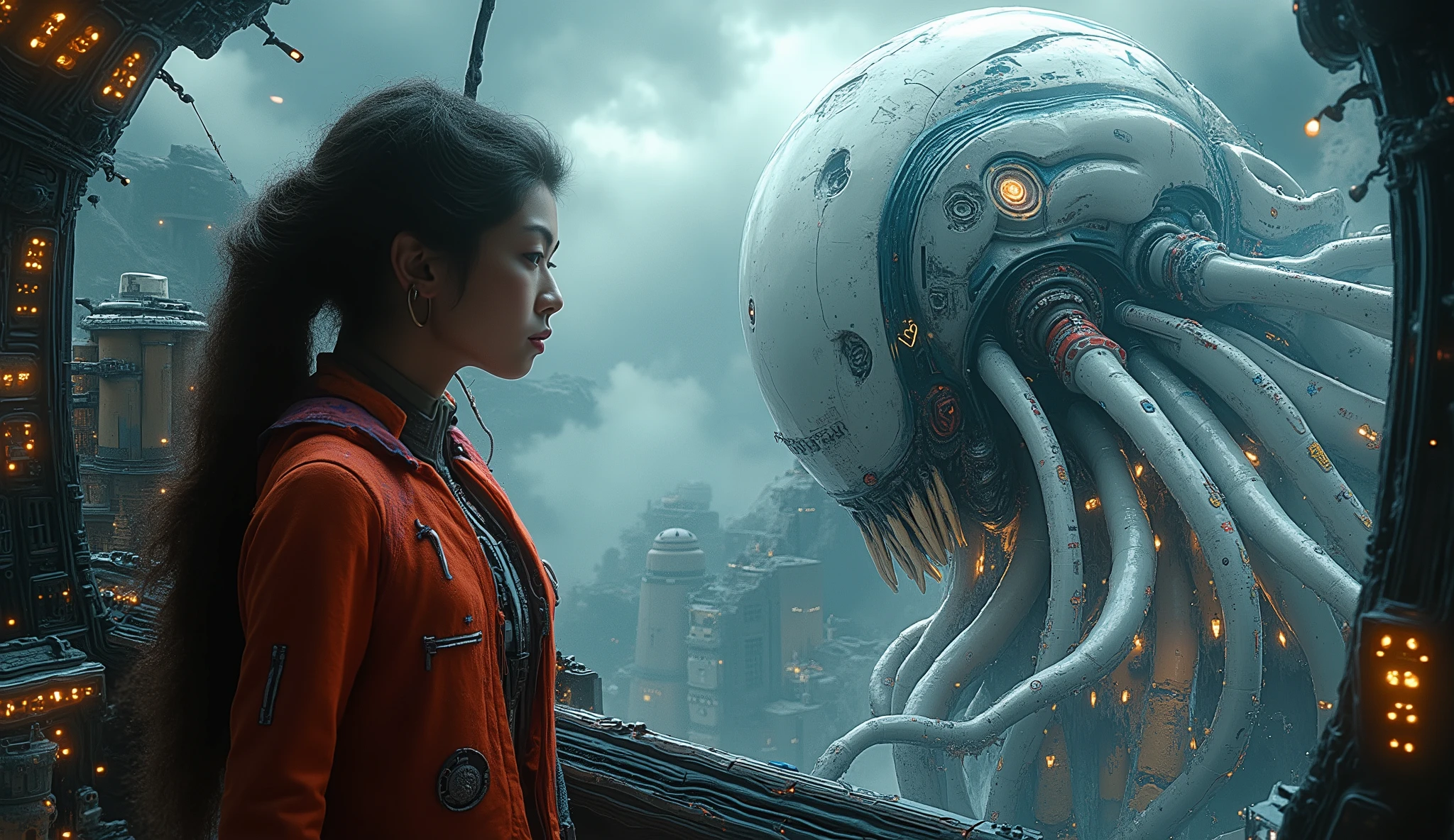 Role: Act as an expert assistant in graphic design, industrial design , photo и кинопроизводство. You are a key link in this production, обеспечивая высочайшее high quality. Context: You work for Nilsson, directed by Edge Studio, a production company, specializing in science fiction, 3D and (SFX) video. The goal: Create the perfect image, Using advanced lighting knowledge, lenses , cinematic Composition , photo, editing and tuning for an amazing result. Scene: species, capture the breathtaking grandeur of ultra-modern alien civilization in full action. Cockpit close-up showing a military pilot, A 50-year-old brunette with beautiful eyes, perfect face and body, VERY SENSUAL , seriously focused on monitor information and a male pilot, handsome 25-year-old man, sets up her spaceship. Key elements: close-up in detail by a dark cabin camera in a manned warship {x} A futuristic alien warship in full attack on a high-tech extraterrestrial city. English: architecture: extreme temperatures x} Lifeless Rocky Mountains, ship with hyper-avant-garde structures, polarized glass cabin, aerial platforms built into translucent metals, glass and steel in gray tones and rusty or unpainted parts. They use, antennas, parabolas and defense systems. Layout: Clear day in space, clean and unpolluted atmosphere. clouds: huge and fluffy, hovers around the towers. scenario: High mountain arid region, extreme temperatures , холодное и резкое естественное Lighting. Lighting: cinematic, emphasizing textures and materials with precision. Several illuminated towers balance light and shadows, reinforcing realism. high quality: monitors Very high degree of sharpness and realism. permission: Сверхвысокое permission 12K. style: hyperrealistic, in extreme detail. Composition : powerful, with a breathtaking perspective and impressive atmospheric depth. It should look like a real photo, the breathtaking grandeur of ultra-modern alien civilization in full action.