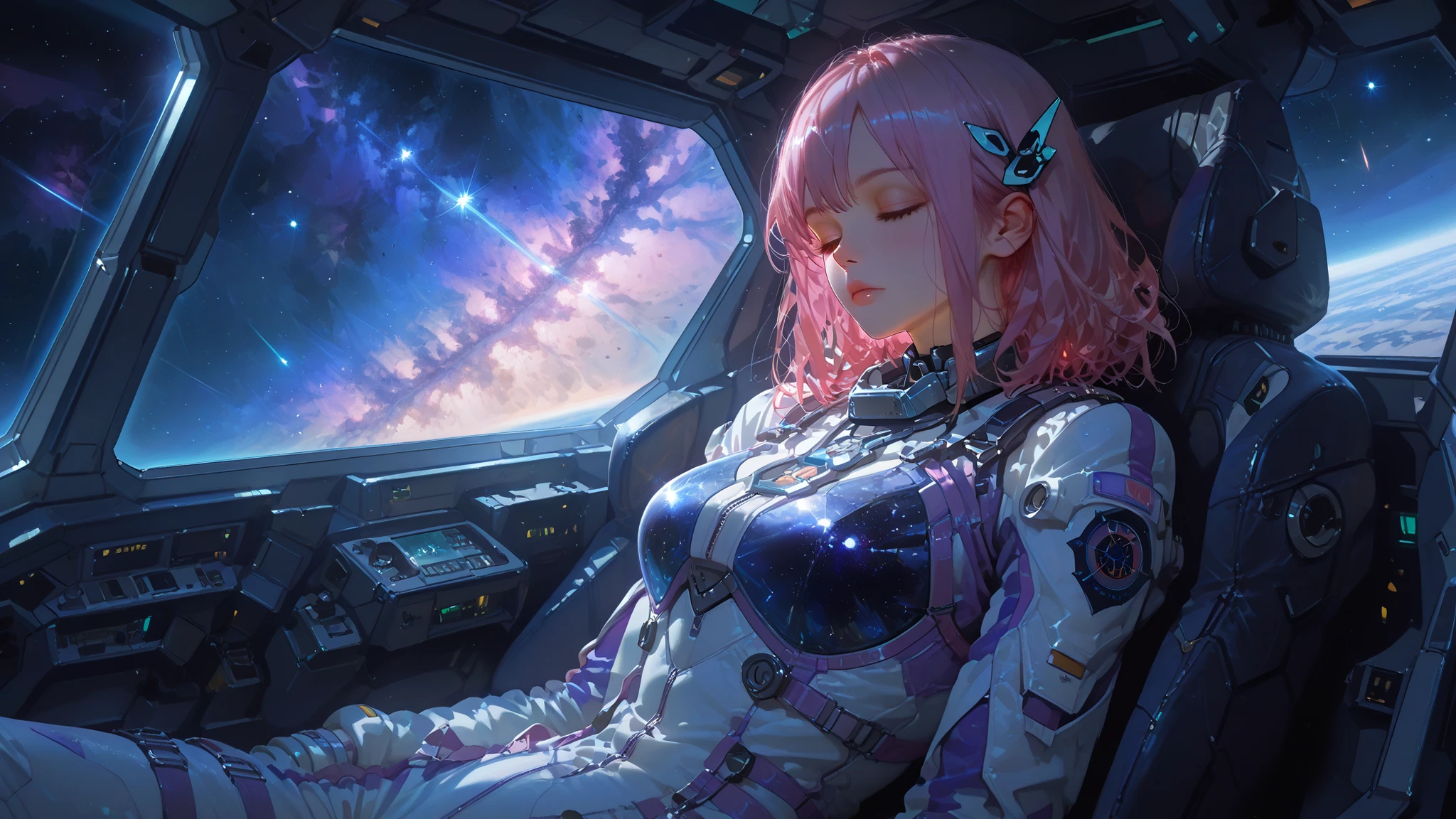 girl in a flight suit, Long pink hair, Starlight, drifting in zero gravity, spaceship cockpit, Tired sleeping figure, , leaning against a seat, face, calm and protected, sky, full of stars in the background, Milky Way , galaxy through glass, Starlight при тусклом освещении, feeling of serenity feeling the afterglow of a battle, fantastic color of space, blue and purple light, soft lighting, Calm atmosphere, Starlight отражается в волосах девушки