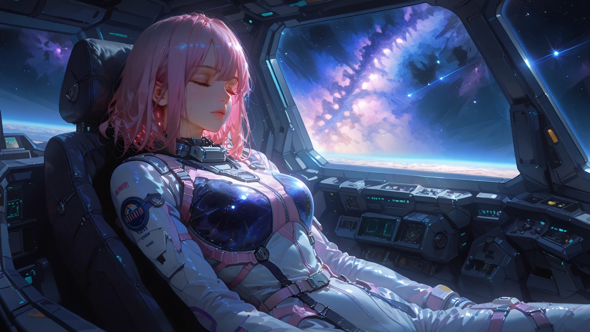 girl in a flight suit, Long pink hair, Starlight, drifting in zero gravity, spaceship cockpit, Tired sleeping figure, , leaning against a seat, face, calm and protected, sky, full of stars in the background, Milky Way , galaxy through glass, Starlight при тусклом освещении, feeling of serenity feeling the afterglow of a battle, fantastic color of space, blue and purple light, soft lighting, Calm atmosphere, Starlight отражается в волосах девушки
