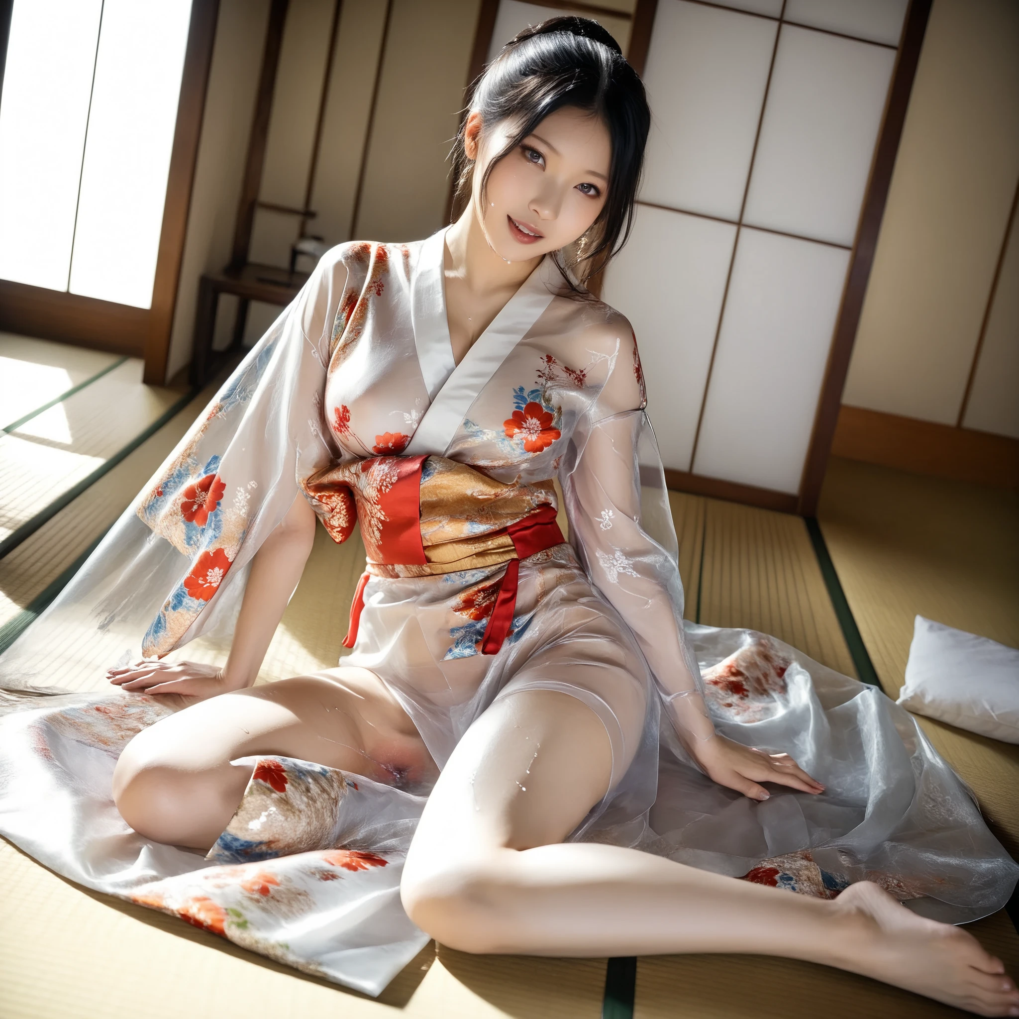 最High Quality 、High Quality 、 最high definition、high definition、8K quality、high image quality 、最High Quality、 masterpiece 、immersive video、 very realistic images of the floor at night 、Realistic Paintings、 perfect details 、 from out of view High contrast 、High Fidelity、 perfect pictures without blur、close to reality、 image faithfully reproduced down to the smallest detail、 EXQUISITE AND REALISTIC WEAPONS 、 Exquisite and realistic human skin 、 Realistic face in every detail、 Realistic eyes with attention to detail 、 Realistic lips drawn with minimal detail 、 detailed and real teeth、Real Ears、 Realistic Hair 、((Japanese Model))、((gravure idol))、((Young face))、((black hair))、((medium rounded breasts))、((stylish body ))、(((Sweaty skin all over )))、((Wear a floral kimono made of transparent vinyl,Clear vinyl fits your skin perfectly))、((Wear a floral kimono made of transparent nylon,Clear nylon adheres perfectly to the skin))、((See your skin through a clear vinyl kimono))、((See your skin through a clear nylon kimono))、((Traditional Japanese room))、(((Sexy side seat on tatami mat in a Japanese-style room )))、(((Full Body Footage from Head to Toe,)))、(((look at her from a random angle)))