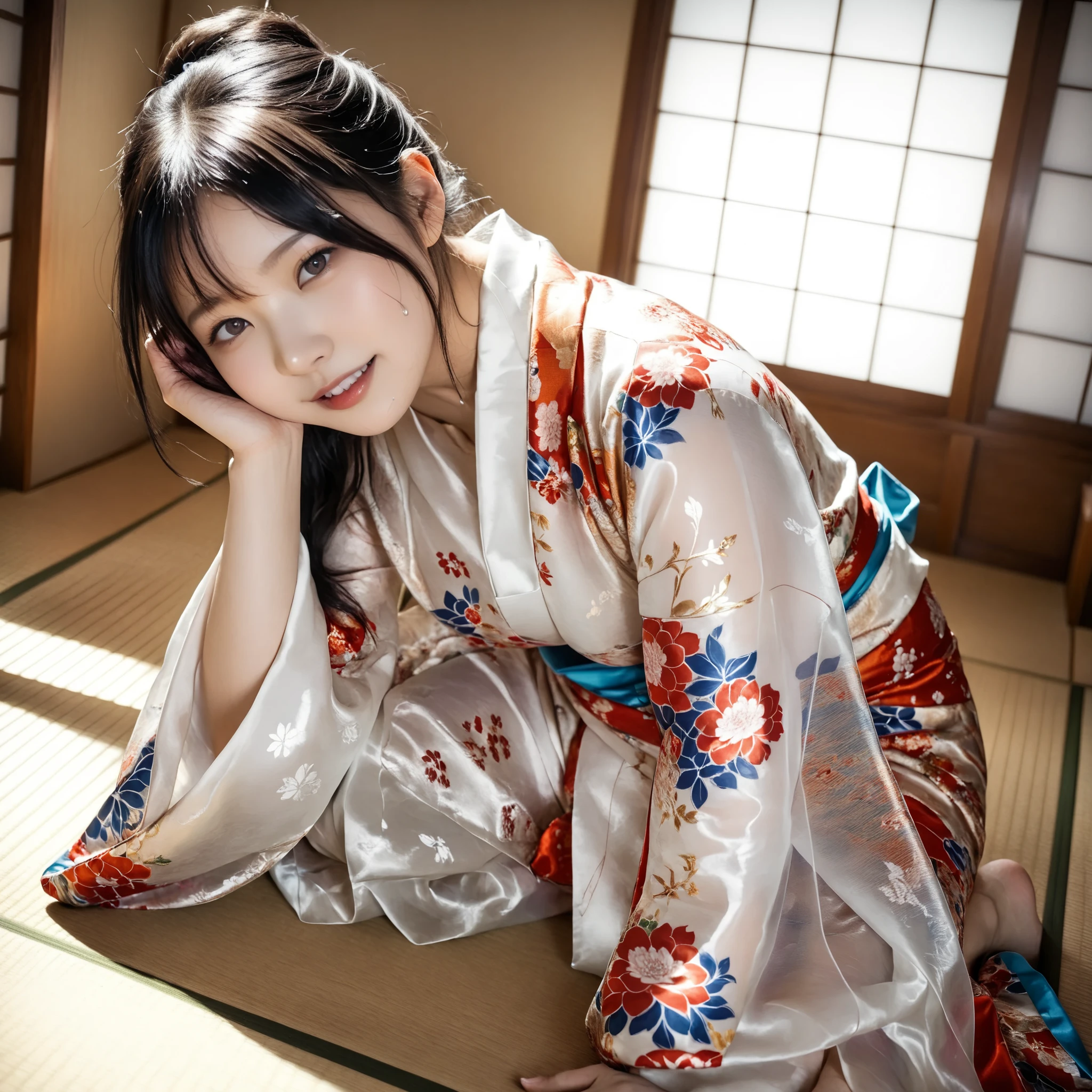 最High Quality 、High Quality 、 最high definition、high definition、8K quality、high image quality 、最High Quality、 masterpiece 、immersive video、 very realistic images of the floor at night 、Realistic Paintings、 perfect details 、 from out of view High contrast 、High Fidelity、 perfect pictures without blur、close to reality、 image faithfully reproduced down to the smallest detail、 EXQUISITE AND REALISTIC WEAPONS 、 Exquisite and realistic human skin 、 Realistic face in every detail、 Realistic eyes with attention to detail 、 Realistic lips drawn with minimal detail 、 detailed and real teeth、Real Ears、 Realistic Hair 、((Japanese Model))､((gravure idol))、((Young face))、((black hair))、((medium rounded breasts))、((stylish body ))、(((Sweaty skin all over )))、((Wear a floral kimono made of transparent vinyl,Clear vinyl fits your skin perfectly))、((Wear a floral kimono made of transparent nylon,Clear nylon adheres perfectly to the skin))、((See your skin through a clear vinyl kimono))、((See your skin through a clear nylon kimono))、((Traditional Japanese room))、(((Sexy side seat on tatami mat in a Japanese-style room )))､(((Full Body Footage from Head to Toe,)))､(((look at her from a random angle)))