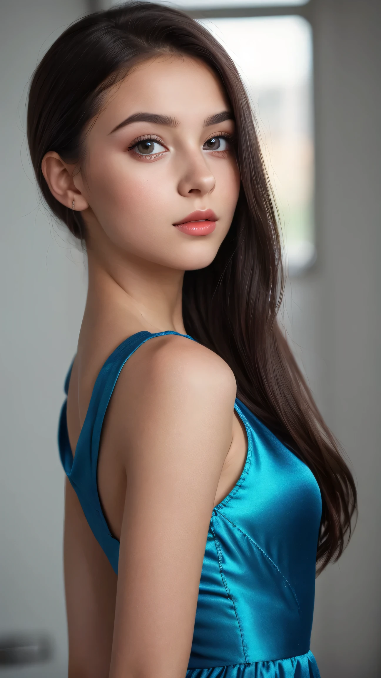 ((8k photos, Original photo, top quality, super real, Realistic)), (complicated details, masterpiece, hyperrealistic, ultra detail, 1girl, solo), Girl photo (Medium Length Black Hair - Wavy), (blue eyes like the ocean), ((super very pretty young girl)), young white girl, ((young girl, girl, teen girl)), in (Dress Satin Tight Short - Auto Color), upper body getting prickly, (perfect small breasts), ((short, like々New body, like々Funny face, likeい体, likeい顔, smaller)), (closed mouth, Thick lips, full lips, Cupid's bow-like lips), full makeup, (soft red lips), perfect high nose , Show me your face , very sexy outfits, astonishing beauty, provocative gaze on camera, sexy young girl, beautiful girl, cute face, innocent face, No Evil Expression, seductive pose to put on clothes, (Viewers facing)