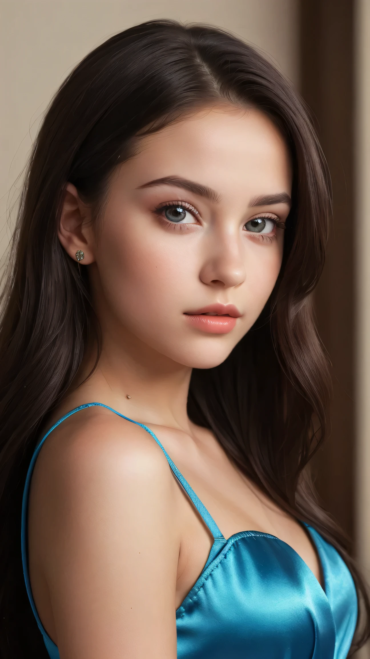 ((8k photos, Original photo, top quality, super real, Realistic)), (complicated details, masterpiece, hyperrealistic, ultra detail, 1girl, solo), Girl photo (Medium Length Black Hair - Wavy), (blue eyes like the ocean), ((super very pretty young girl)), young white girl, ((young girl, girl, teen girl)), in (Dress Satin Tight Short - Auto Color), upper body getting prickly, (perfect small breasts), ((short, like々New body, like々Funny face, likeい体, likeい顔, smaller)), (closed mouth, Thick lips, full lips, Cupid's bow-like lips), full makeup, (soft red lips), perfect high nose , Show me your face , very sexy outfits, astonishing beauty, provocative gaze on camera, sexy young girl, beautiful girl, cute face, innocent face, No Evil Expression, seductive pose to put on clothes, (Viewers facing)