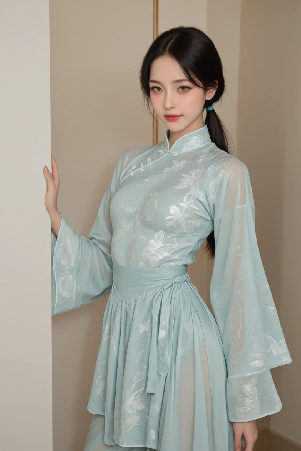 (((best quality))),(((ultra detailed))),(((masterpiece))),illustration,1girl,bun hair,( gauze hanbok:1.3),collar,slim,laughing, summer night,Korean city scape, street, neon signs, beautiful, vibrant, detailed  features,medium hair, elegance, cultural atmosphere, bustling city,tall buildings full of colorful advertisements, reflections, lively atmosphere, street food aroma,upper body,from back,(shoulder off, back,towering ,)