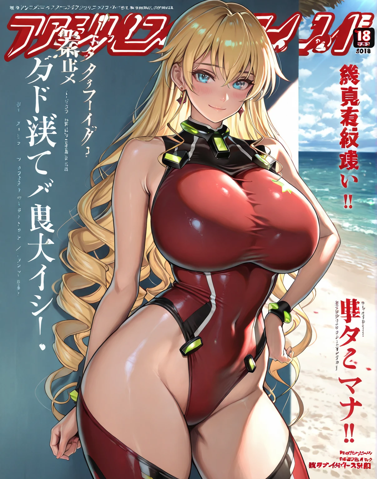 <lora:Motsuaki_style_Illustrious-XL:1>, motsuaki style,  gyaru, green eyes,blonde hair, long straight hair, wide lips, makeup, tanned skin, big breasts, bikini, sweat, steaming body, wet, standing, looking at viewer, smug, hands on ass, ass focus, ( manga cover style, title text), outdoors, beach, solo, best quality, high quality, doujinshi