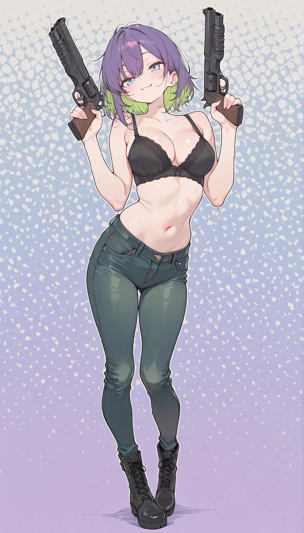 Masterpiece, the best quality, high quality, ultra detailed, master-piece, hyper quality, hyper detailed, perfect drawing, excellent and accurate human body anatomy, sexy body figure, slim figure, 1 female, bright blue eyes, short messy green and purple hair, wearing a black bra, green tight jeans, black boots, looks so cute, flirty expression, gun wielding, ((full body)), youthful, adventurous background, adventure vibes, sexy cute,