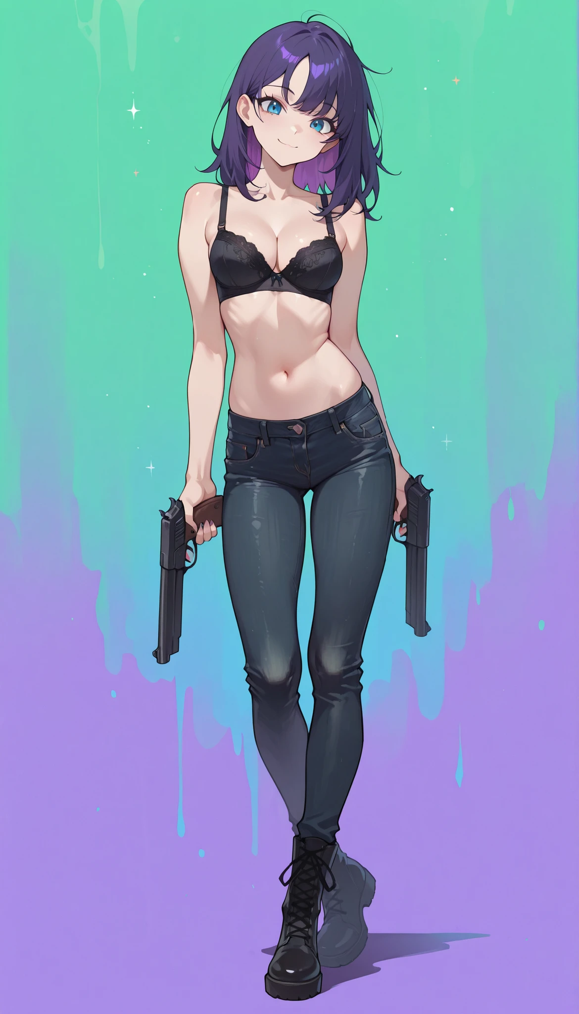 Masterpiece, the best quality, high quality, ultra detailed, master-piece, hyper quality, hyper detailed, perfect drawing, excellent and accurate human body anatomy, sexy body figure, slim figure, 1 female, bright blue eyes, short messy green and purple hair, wearing a black bra, green tight jeans, black boots, looks so cute, flirty expression, gun wielding, ((full body)), youthful, adventurous background, adventure vibes, sexy cute,