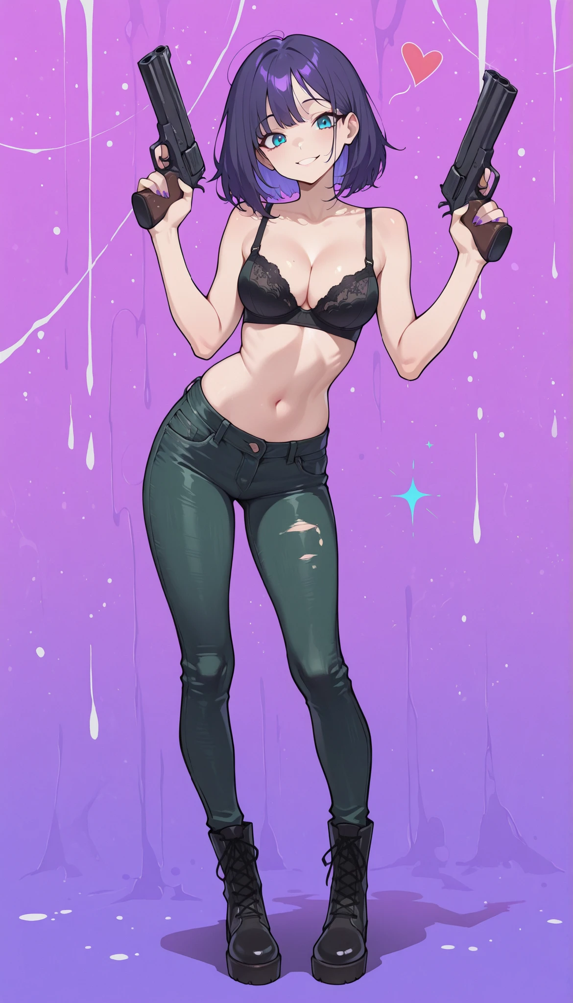 Masterpiece, the best quality, high quality, ultra detailed, master-piece, hyper quality, hyper detailed, perfect drawing, excellent and accurate human body anatomy, sexy body figure, slim figure, 1 female, bright blue eyes, short messy green and purple hair, wearing a black bra, green tight jeans, black boots, looks so cute, flirty expression, gun wielding, ((full body)), youthful, adventurous background, adventure vibes, sexy cute,