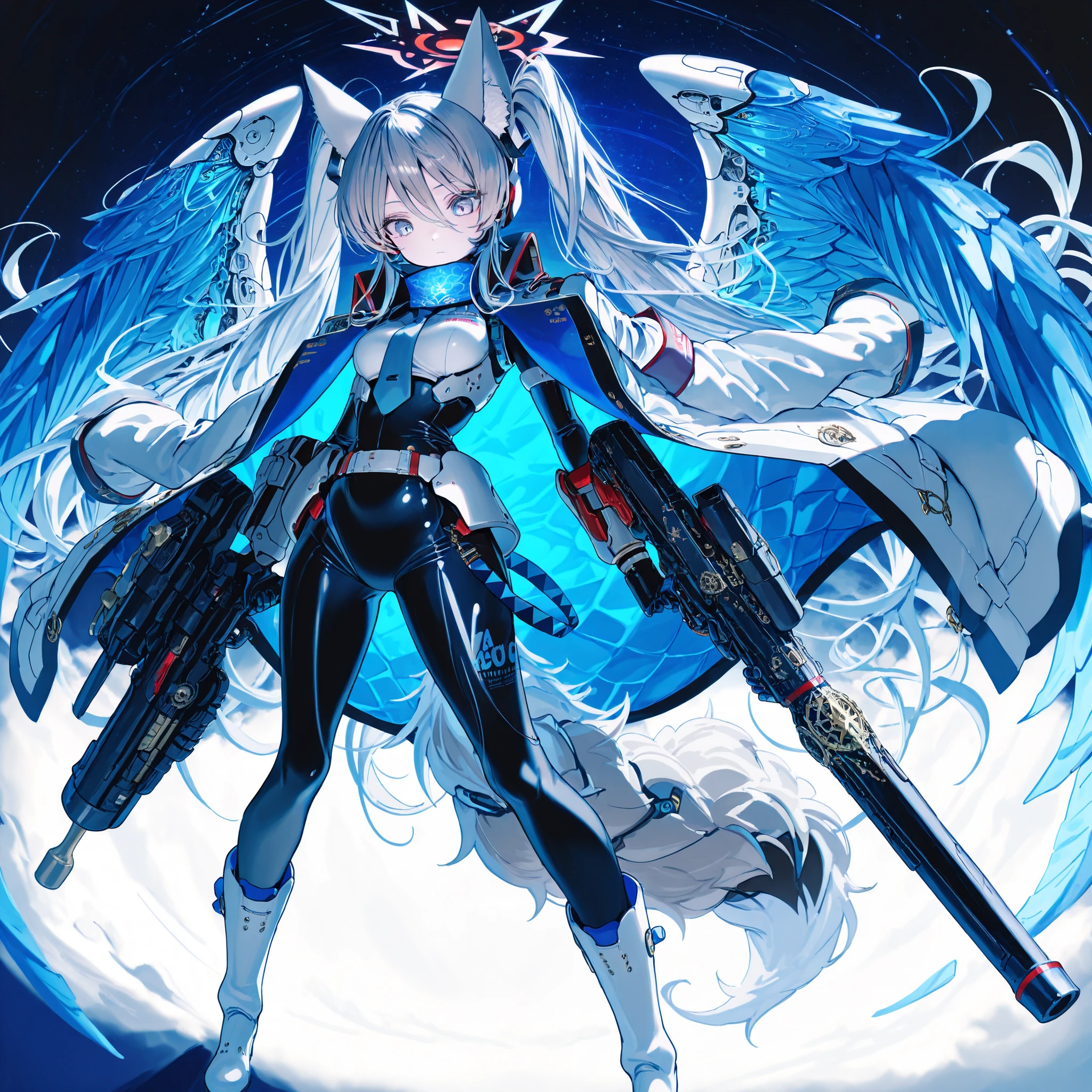 best image quality,High Quality,solo, Beautiful girl,Ship Korekushon,Yamato change to two,tall,(Over 180cm), Breast size is G cup,gray hair,long hair(Hatsune Miku Hair),hair extends to the ground,Elf Ears,blue and white fox ears,青と黒のヘッドホンBlue Eyes and White Eyes,ABI ESHEF(blue archive),The Machine God(I don't like pain, so I want to use them as a defensive power),Fully armed , Mechanical Armor,Heavy Armor,The main colors are black, purple, and blue,Wearing a Black Rubber Suit,blue and black tights,Black and Blue and White Boots,machine black and blue mask,black and blue neck warmer,Machine's Laser Gun,Four artillery batteries on both shoulders, I'm wearing a black rubber suit inside a 45 caliber 46 cm 4-barreled gun,4 swords on the back 2 swords,Main color is black and gray,Blue Eyes and White Eyes,Bangs up to below the eyes,blue and black halo red and black halo black and white halo,mechanized black and blue wings,background is black night sky,I hate you,I look down on you,standing,