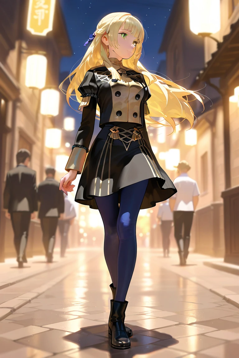 A woman wearing an open long-sleeved blue coat, white shirt, blue skirt, black tights, metal boots, , green eyes, long blonde hair, ponytail hair, metal bracelet, walking on a concrete sidewalk with the place in ruins, blurred background, background explosion.(solo woman),flower, UHD, masterpiece, accurate, anatomically correct, textured skin, super detail, high quality, best quality, 8k, high resolution, bokeh effect.