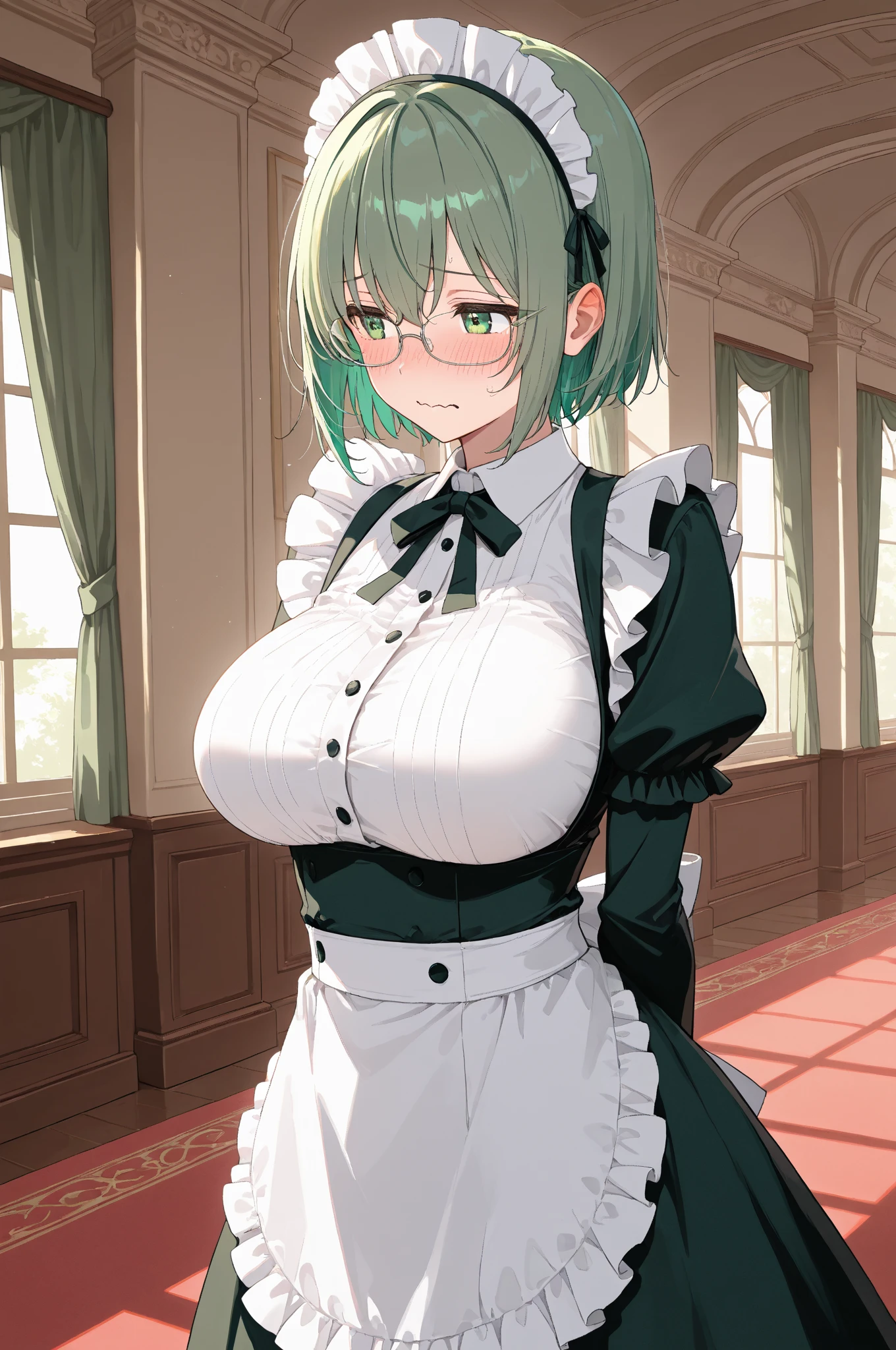 (girl1),(woman1),(Solo portrait of a girl:1,5),(slender body),(structured),(hot),(mature and  body),(big ), (mature and  body ), (slender body), (physical attributes such as  and ), (anime), (white skin color), (super mega hyper : 1.5), (with long green hair), (green eyes ),(an 18 year old woman, with white socks),(wearing),+,(Dress: Generally knee-length or below, with a cut that emphasizes the waist.  Sleeves: Long or short, and may have cuffs with details such as ruffles or lace.  Apron: An additional piece, usually with ruffles at the bottom and tied at the waist.  Collar: Rigid or soft, often with details such as lace or ribbons.  Beanie or cap: A head accessory that can vary in style, from the simplest to the most elaborate.  Socks and shoes: White socks and dark shoes (like oxford or mary jane) are common choices. Fabrics:  Cotton: As it is a breathable and resistant fabric, it is often used in work uniforms.  Linen: Another natural fabric, known for its durability and freshness.  Lace: Used for decorative details, such as on the collar, cuffs and apron. Colors:  White: The most common color, associated with cleanliness and purity.  Black: Often used for details such as bands, buttons and shoes, creating a contrast with white.),(Super short skirt:1.5)