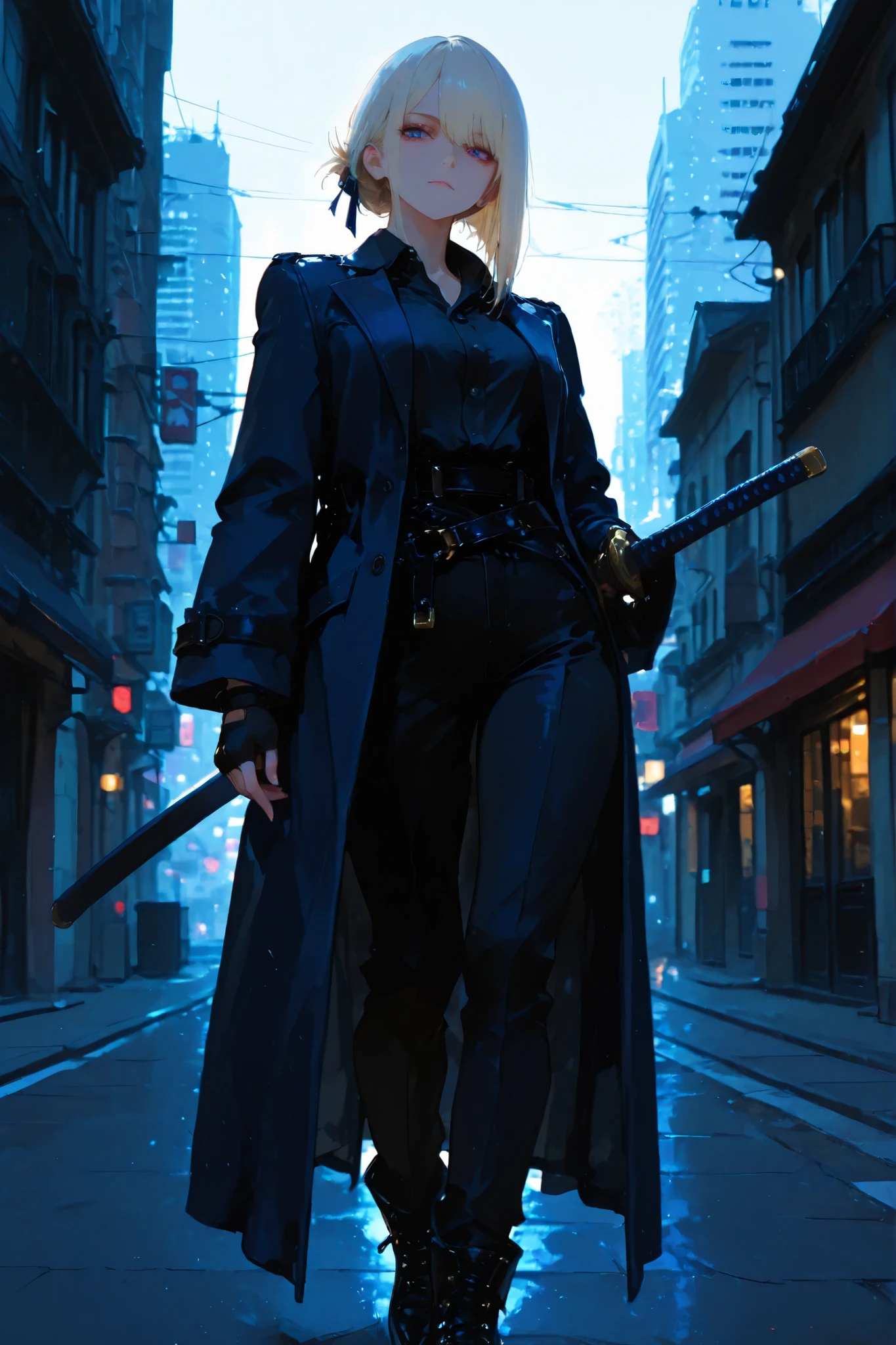 sheathed katana, 748cmstyle, 1girl, ultrahd, best quality, highres, 8k, masterpiece, perfect anatomy, detailed eyes, expressive eyes, captivating gaze, dark blue eyes, looking at viewer,
platinum blonde hair, medium length hair, side-swept bangs, hair partially slicked to one side, sleek hairstyle, asymmetrical hair,
dark blue long coat, black dress shirt, black fitted pants, elegant leather shoes, black fingerless gloves,
white katana with black handguard, katana at side, weapon focus, large katana
urban background, city street, modern cityscape, standing pose, confident stance,
dramatic lighting, depth of field, cinematic composition