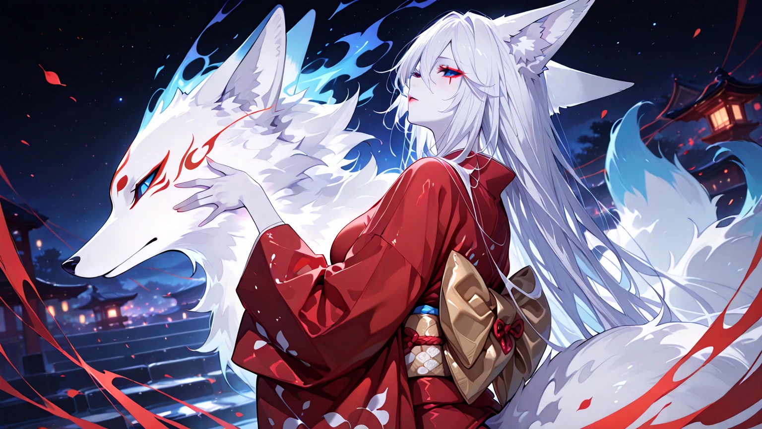 Sticker. Beautiful cute little   with white nine tailed fox, Japanese mythical creatures,lines around it. 16k vector. Perfect symmetry. Contest winner white background