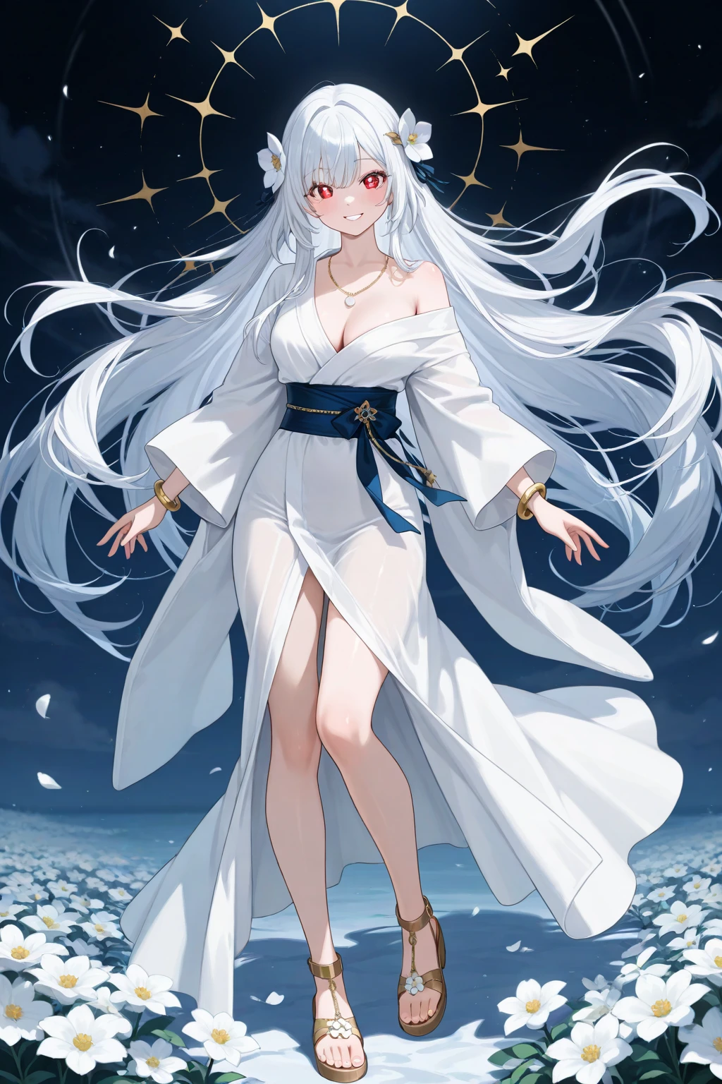 Name: Astoria Stellaracrest
Element: STELLARA
Description: A brilliant sky mage from the Celestial Academy. Her ethereal levitation spell imbues her withInner starry light, as she guides lost souls back to their constellations.
Prompt: ((((Obra maestra, La mejor calidad, ultrahigh resolution, celestial theme))), 1girl, floating, (((doll knees, doll elbows, ((doll joints:1.2, action figure limbs:1.2, segmented body))), [celestial body], (segmented waist), (doll waist), (long silver hair, silver crown), (bright blue eyes with glowing stars), (((ultra detailed eyes:0.7, beautiful and detailed face, detailed eyes:0.9))), ((centered)), (full shot, overhead view), looking up at the sky, (wearing long white robes), medium breasts, hands crossed in front of chest, (open mouth and tear trail, expressing deep emotion), ((high contrast, starry background))