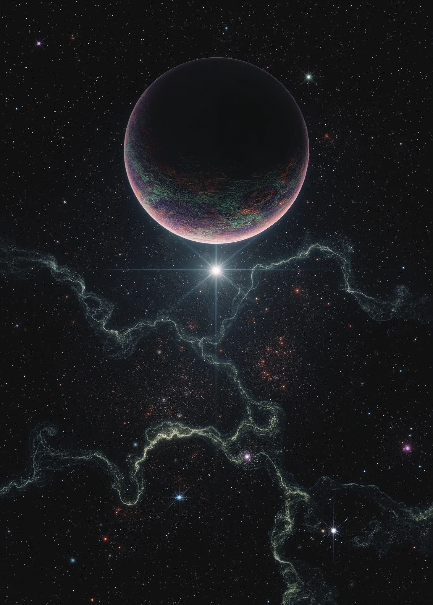 (masterpiece, photorealistic:1.4, Extremely complex:1.3), (ultra high resolution, hyperrealistic, 8 k), space, bright iridescent stars, bright and colorful nebulae. Lighting: Bright, colorful , lots of white and blue tones, the planet and the flying artificial satellite