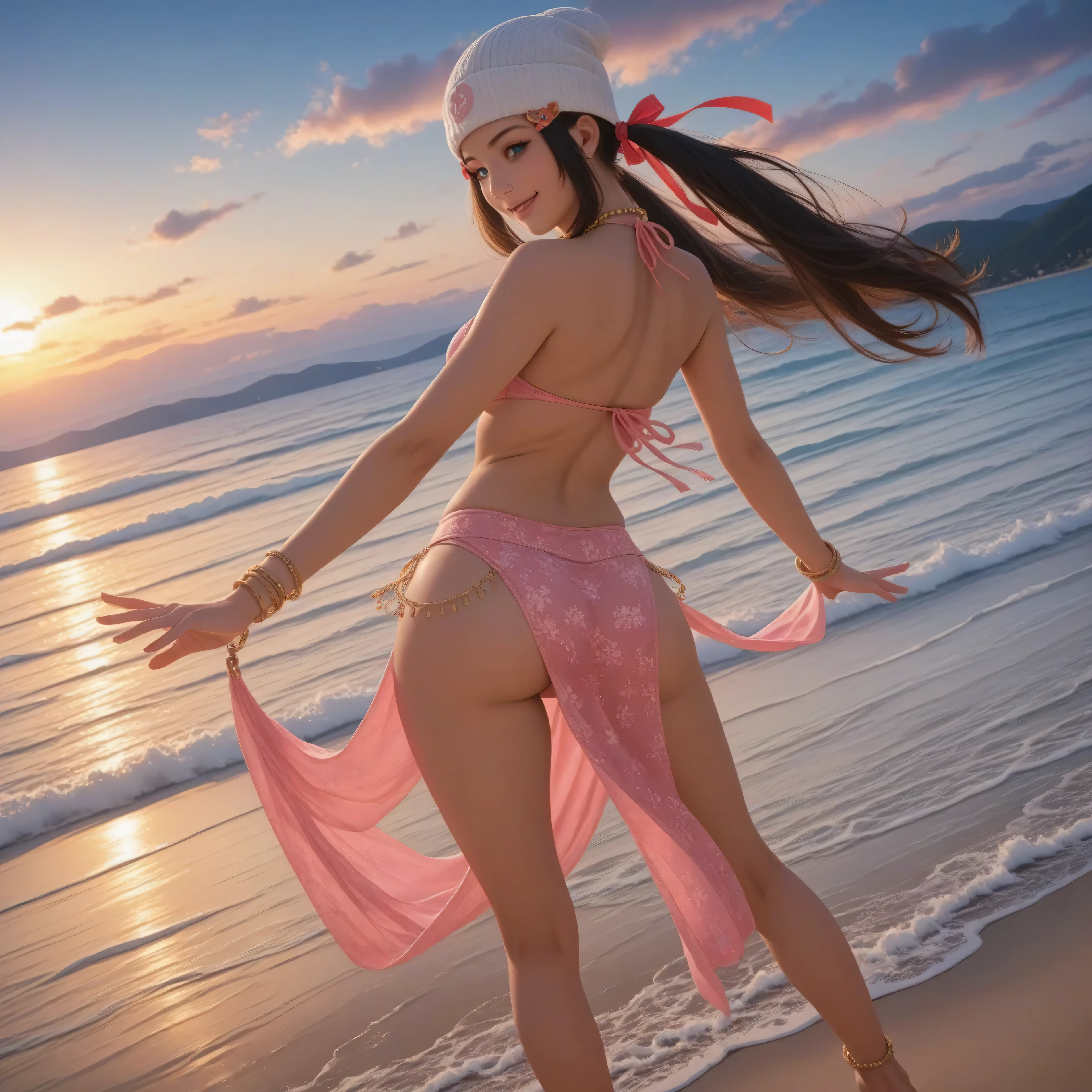 cinematic photo, (realistic, photorealistic:1.15), (masterpiece, best quality, newest, highres, absurdres), on beach, ocean in background, 1girl, solo, Dawn, black hair, blue eyes, sidelocks, long hair, bare shoulders, beanie, bracelet, hat, jewelry, white headwear, curvy, petite, Dancer, blonde hair, long pigtails, hair ribbon, pink bikini top, pink pelvic curtain, blue floral pattern, anklets, bracelets, necklace, smile, stage, dancing, rear view,