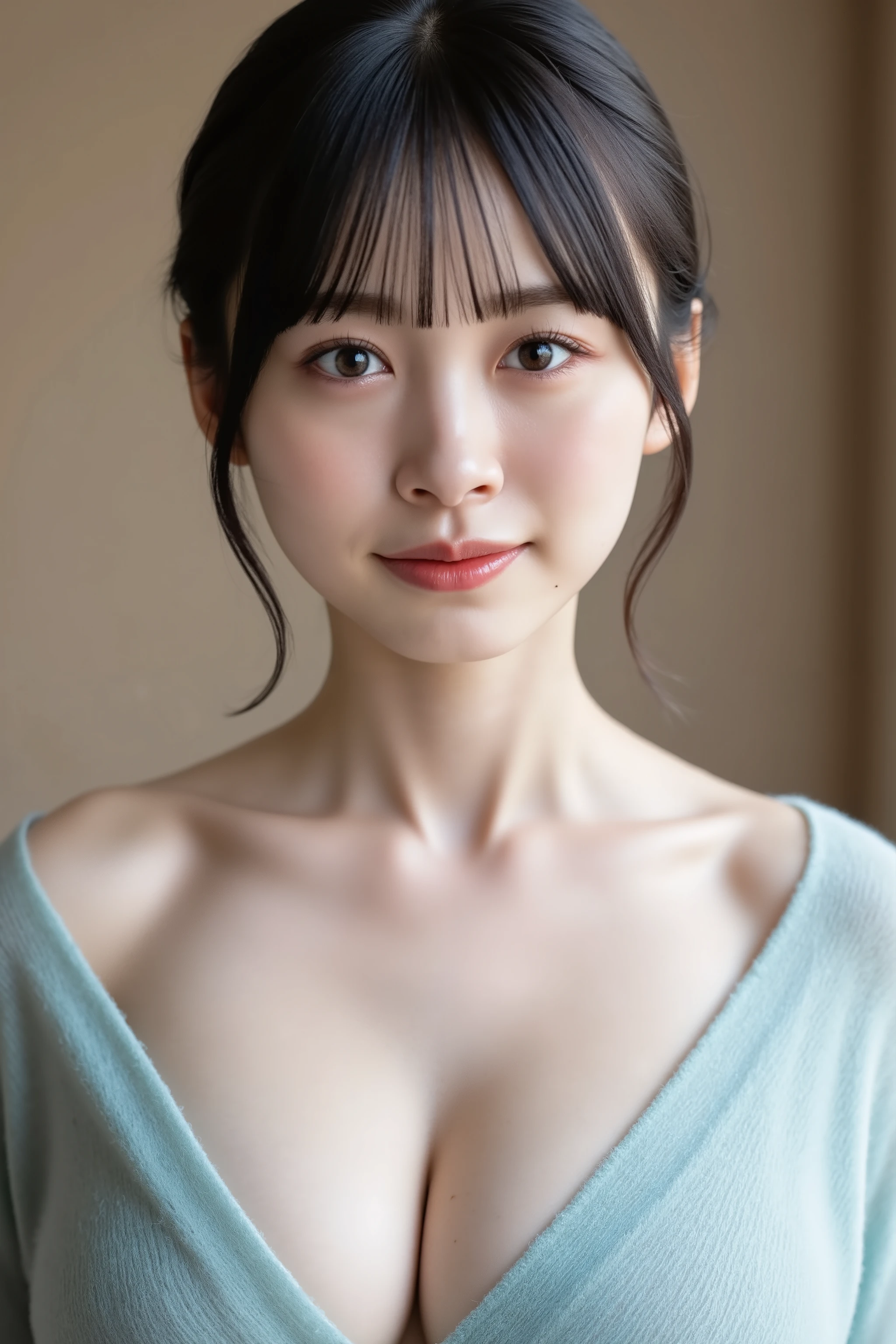 This photo captures a beautiful Japanese woman. off shoulder Sweater, bare shoulder, close up, skinny, big cleavage. The image is very high resolution, with clear skin texture. The focus is very sharp and focused on her face. This is an ultra-high resolution image. She is facing forward. Natural makeup that looks like no makeup. She has shiny black hair. Her skin is beautiful, fair, fine-grained, and even. hotel, morning,