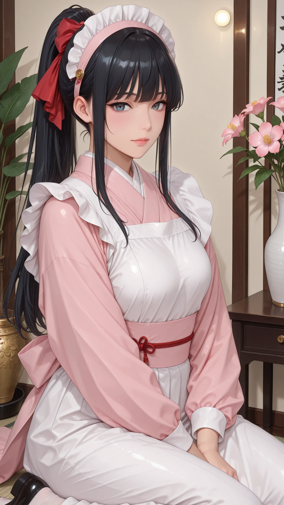 Singji Sakura(black hair, high ponytail, hair ribbon, red ribbon, Pink Japanese Style Maid Outfit、maid headband)、luxury garden