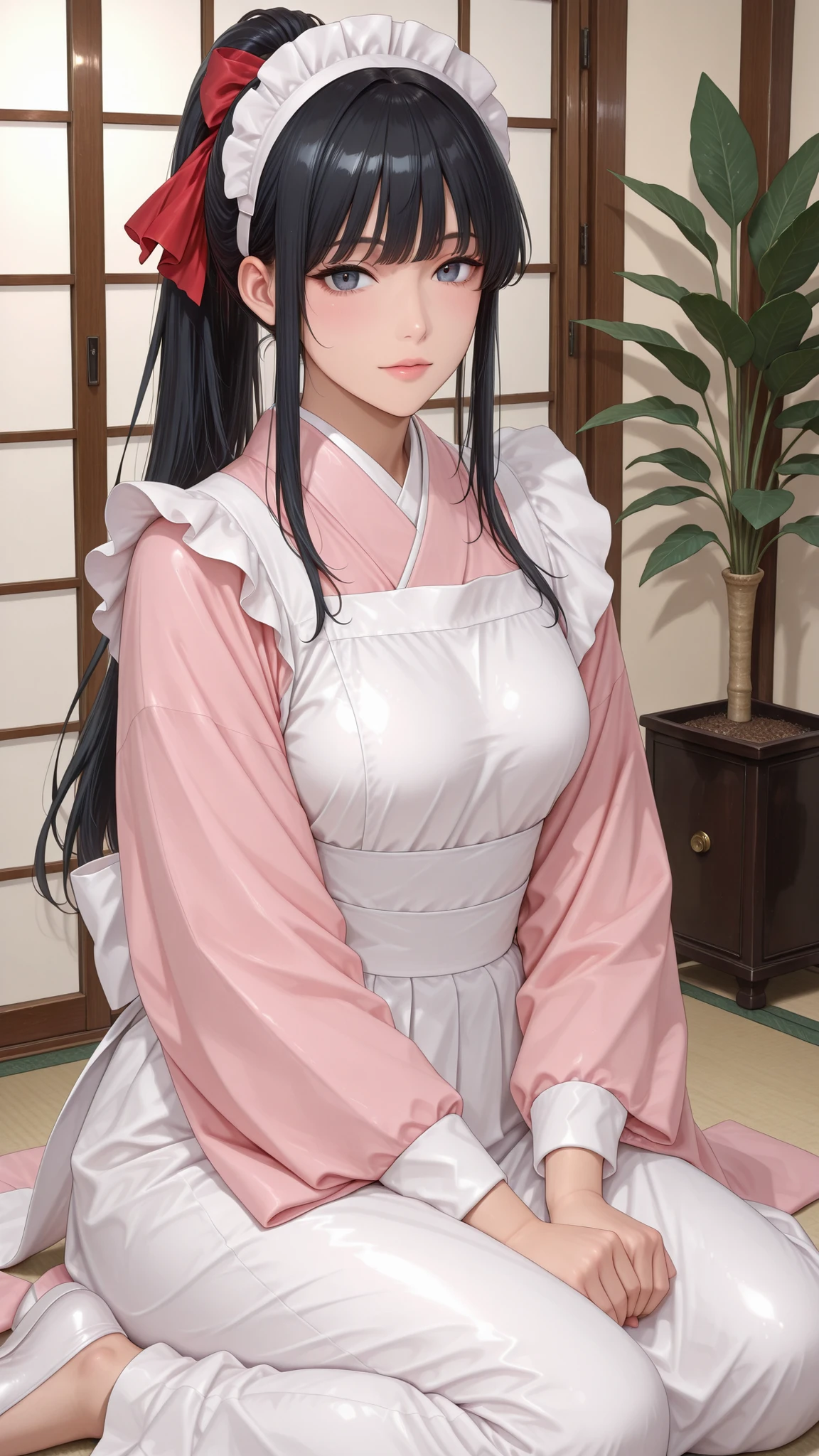 Singji Sakura(black hair, high ponytail, hair ribbon, red ribbon, Pink Japanese Style Maid Outfit、maid headband)、luxury garden