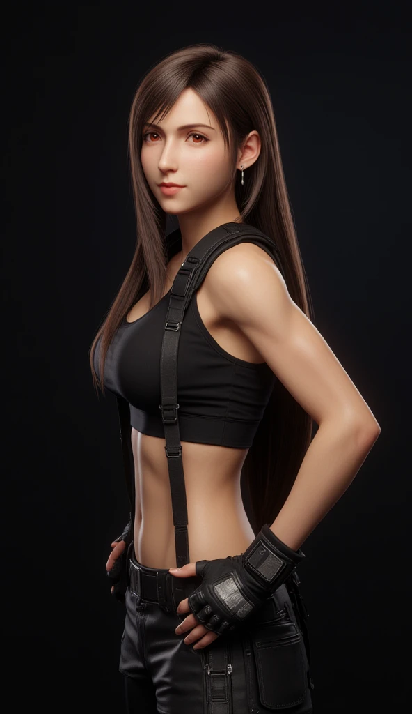 8K, Top Quality, Intricate Details, Ultra Detail, Ultra High Resolution, Masterpiece, close up shot, (full body: 1.1), Slender, Smile, (Makeup: 0.4), (walking), (Fluffy  Eyes: 1.21), ((bangs)), 1girl, solo, 1 girl, (((red eyes, black hair, bangs, long hair)), ((Tifa,Tifa･lockhart,Final Fantasy 7,FF7,l)), close up shot, , ((tall)), (((fit body))), (((slim face))), sharp face, ((abaya, hijab, head cover)) , (detailed face), sharp face, small lips, ( walking), walk pose, walking pose, 
 ((,  )), , ((,)), detailed face, detailed breast, large breast, huge breast, (( )), detail ass, Narrow Waist, Skinny, tall , 175 cm tall, Muscular, Navel,  Abdomen, Pointed Chest,, Beautiful girl with accentuated slender abs: 1.4, Six Pack Abs: 1.4,, Perfect Body, detail leg, (( dark background)), black background,