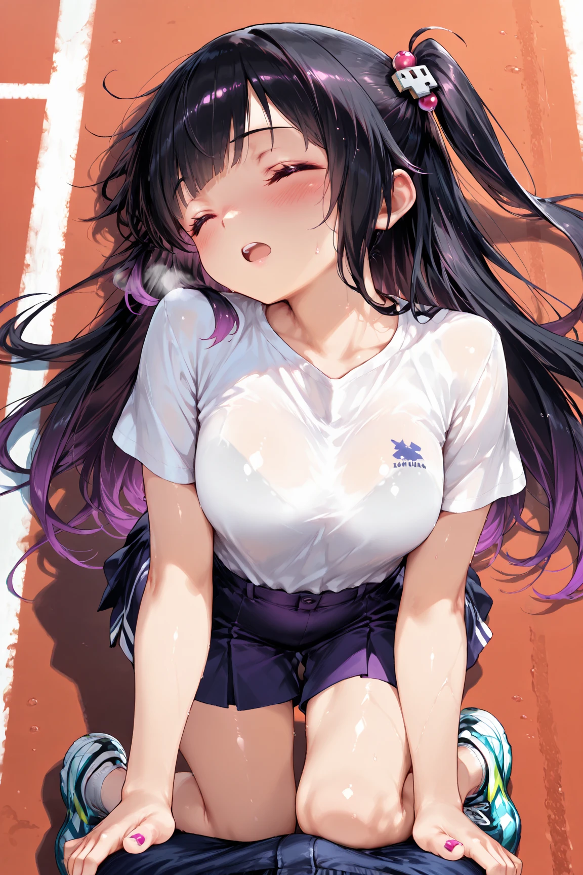 (beautiful detailed dark tan skin:1.7, beautiful dark-skinned female, tanned), (solo:2, 15 yo), (beautiful detailed blunt bangs:1.3), (beautiful detailed black hair long hair) (best beauty girl, ???? closed eyes, glossy lip, best ???? smile:1.1), in a gym uniform, navy blue buruma, break, in the school gym, BREAK, perfect ???????, masterpiece, best quality, 16k, beautiful detailed summer, daydreaming expression.
