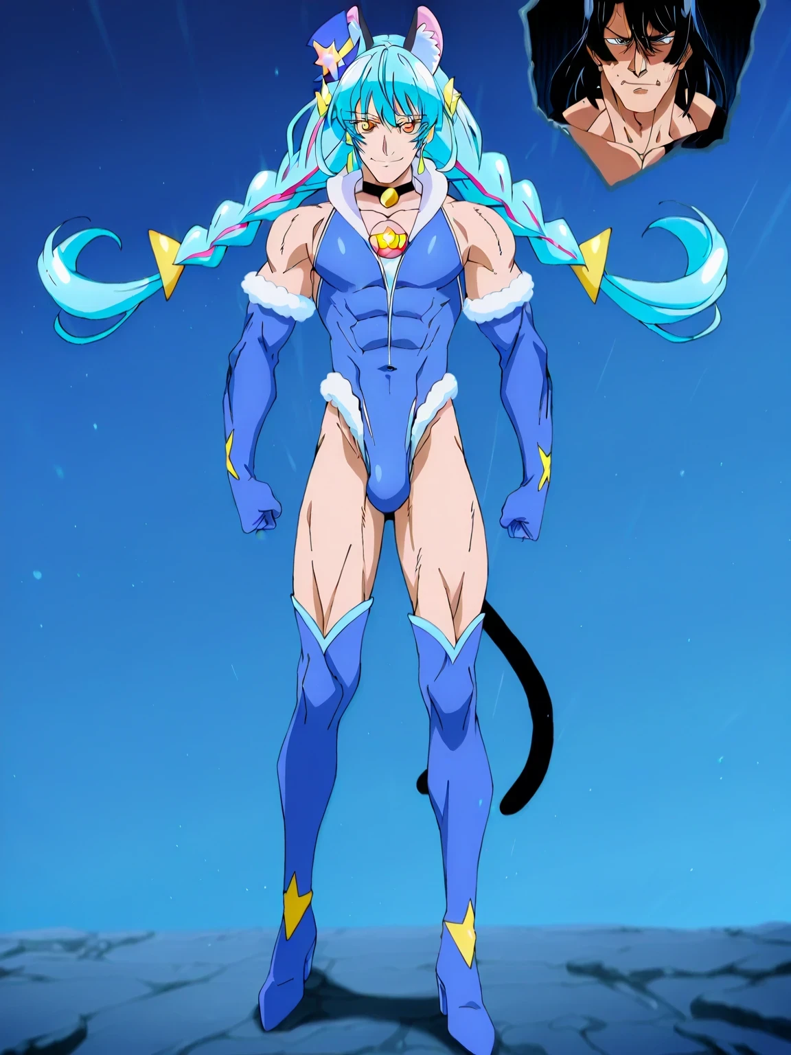 傑作、Best quality、Best resolution、Best image quality、amazing quality、 very aesthetic、 absurdres、anime coloring、anime screencap、anime screenshot、anime colored、official art、official style、1boy、cure cosmo is a male warrior、(male:1.6)、anime man in a blue leotard、solo、light blue hair、twin braids、long sidelocks、twin drills、floating hair、bangs between eyes、short bangs、low twintail hair、blunt bangs、orange eyed boy、(manly face:1.6)、long legs、zodiac boy、magical boy、portrait zodiac boy、official anime art style、official anime artwork、official anime style、blue leotard、heart hair ornament、earrings、cat ears、animal ear fluff、sleeveless leotard、fur collar、blue gloves、bare shoulders、elbow gloves、covered midriff、covered abs、covered navel、 covered stomach、covered pectoralis major、flat chest、covered biceps、covered biceps long head、covered biceps short head、covered triceps、covered triceps medial head、covered triceps lateral head、covered triceps long head、covered trapezius、deltoids、anterior deltoids、middle deltoids、posterior deltoids、covered hamstrings、covered adductor magnus muscles、anime best male、bare crotch、(manly:1.6)、high leg cut、skirtless leotard、muscular and strong、slender muscles、slender body、cat tail、blue thighhigh boots、heels boots、standing、seductive anime boy、anime cool boy、anime  boy、anime androgynous boy、anime nihilistic boy、anime  boy、anime  boy、naughty smile、lewd smile、provocative smile、nihilistic smile、cure cosmo outfit arranged in a leotard style、official artwork、!!Full body portrait!!、official art style、 magical boy style、top quality、top image quality、top resolution、anime screencap、perfect body、perfect hands、perfect arms、perfect legs、solo focus、male focus、looking at viewer、cowboy shot、(male body:1.6)、beefcake style、dark blue background、light blue background、gradient background、two tone background、multicolored background、