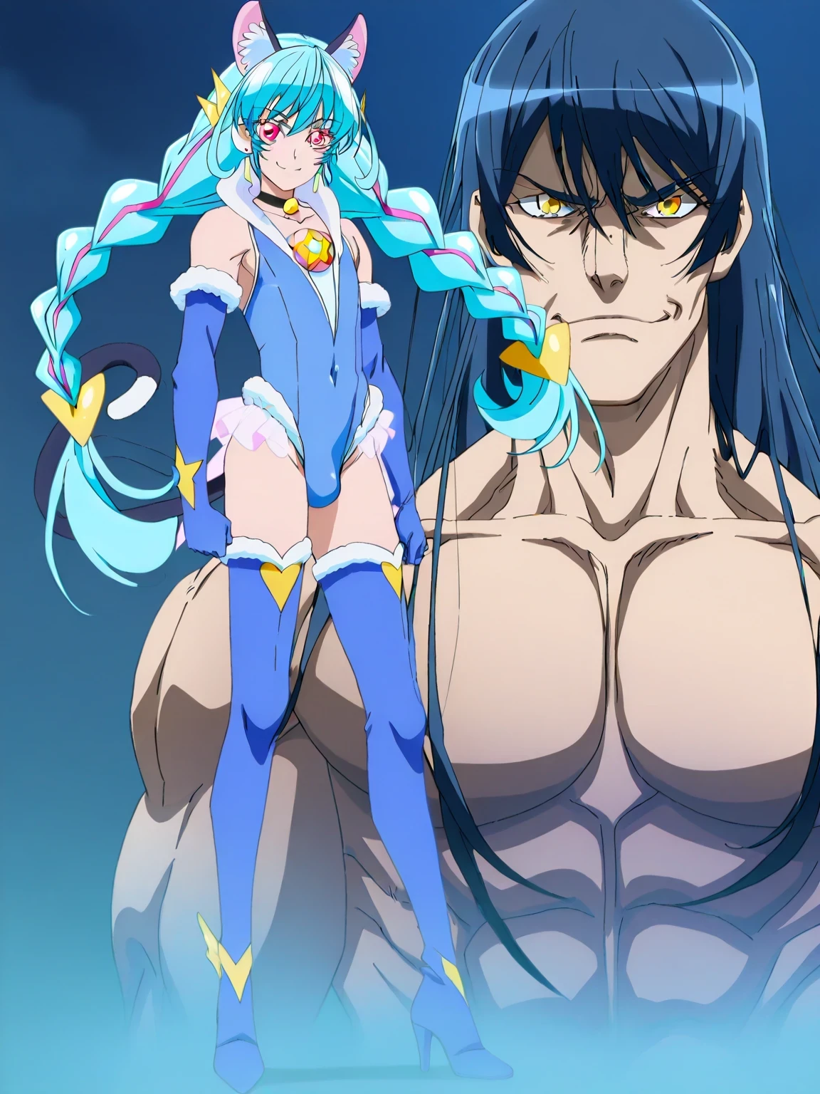 傑作、Best quality、Best resolution、Best image quality、amazing quality、 very aesthetic、 absurdres、anime coloring、anime screencap、anime screenshot、anime colored、official art、official style、1boy、cure cosmo is a male warrior、(male:1.6)、anime man in a blue leotard、solo、light blue hair、twin braids、long sidelocks、twin drills、floating hair、bangs between eyes、short bangs、low twintail hair、blunt bangs、orange eyed boy、(manly face:1.6)、long legs、zodiac boy、magical boy、portrait zodiac boy、official anime art style、official anime artwork、official anime style、blue leotard、heart hair ornament、earrings、cat ears、animal ear fluff、sleeveless leotard、fur collar、blue gloves、bare shoulders、elbow gloves、covered midriff、covered abs、covered navel、 covered stomach、covered pectoralis major、flat chest、covered biceps、covered biceps long head、covered biceps short head、covered triceps、covered triceps medial head、covered triceps lateral head、covered triceps long head、covered trapezius、deltoids、anterior deltoids、middle deltoids、posterior deltoids、covered hamstrings、covered adductor magnus muscles、anime best male、bare crotch、(manly:1.6)、high leg cut、skirtless leotard、muscular and strong、slender muscles、slender body、cat tail、blue thighhigh boots、heels boots、standing、seductive anime boy、anime cool boy、anime  boy、anime androgynous boy、anime nihilistic boy、anime  boy、anime  boy、naughty smile、lewd smile、provocative smile、nihilistic smile、cure cosmo outfit arranged in a leotard outfit、official artwork、!!Full body portrait!!、official art style、 magical boy style、top quality、top image quality、top resolution、anime screencap、perfect body、perfect hands、perfect arms、perfect legs、solo focus、male focus、looking at viewer、cowboy shot、(male body:1.6)、beefcake style、dark blue background、light blue background、gradient background、two tone background、multicolored background、