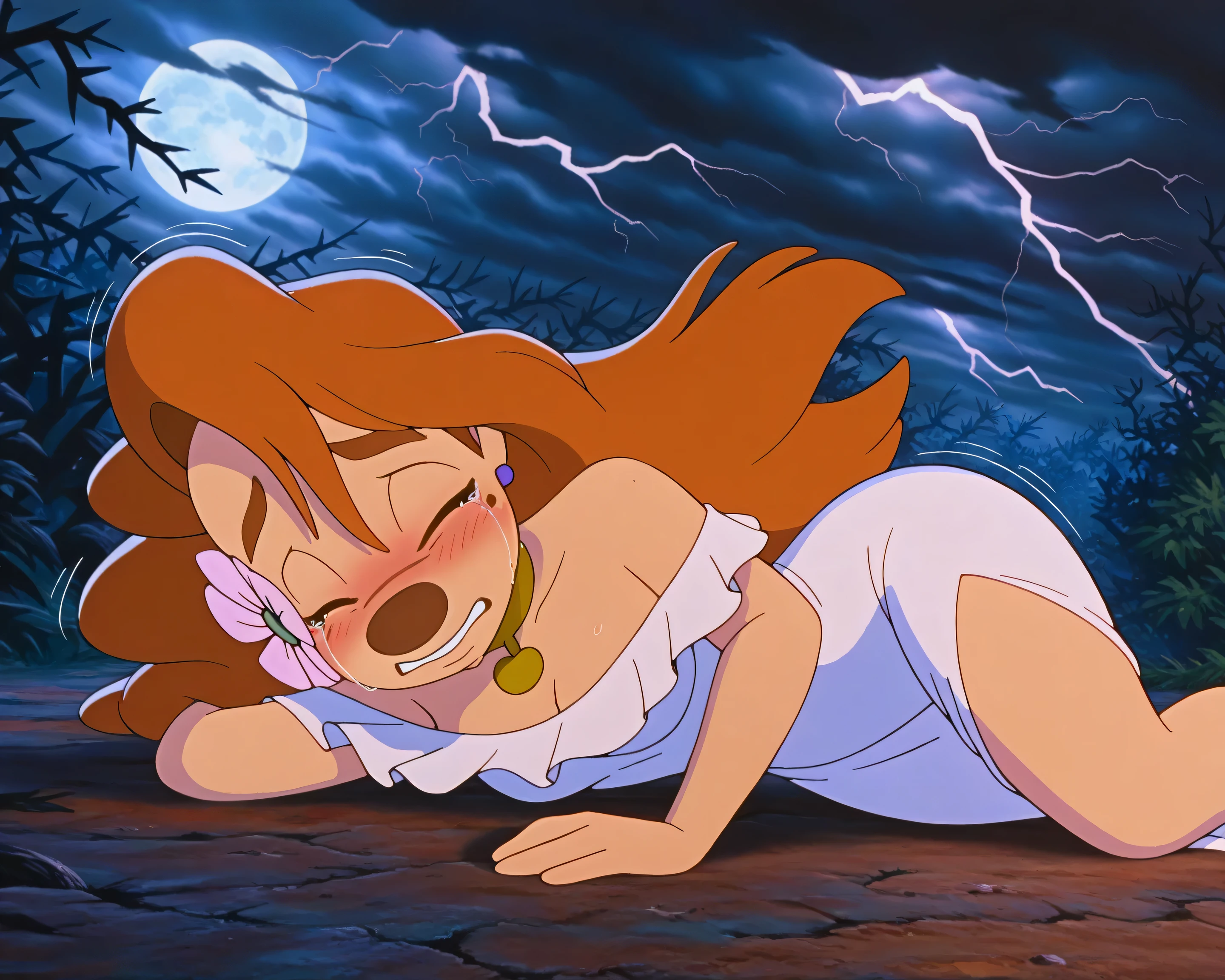 1girl, roxanne,  furry female, white dress, outdoors, nighttime, lightning, dark clouds, full moon, thorn bush, dead trees, scary atmosphere, woods, lying on ground, hair flower, gold choker, lying on side, shy, fear, scared expression, sad, tears, blushing, eyes closed, crying, shivering, wind, ,(masterpiece,best quality,newest,absurdres,highres) 