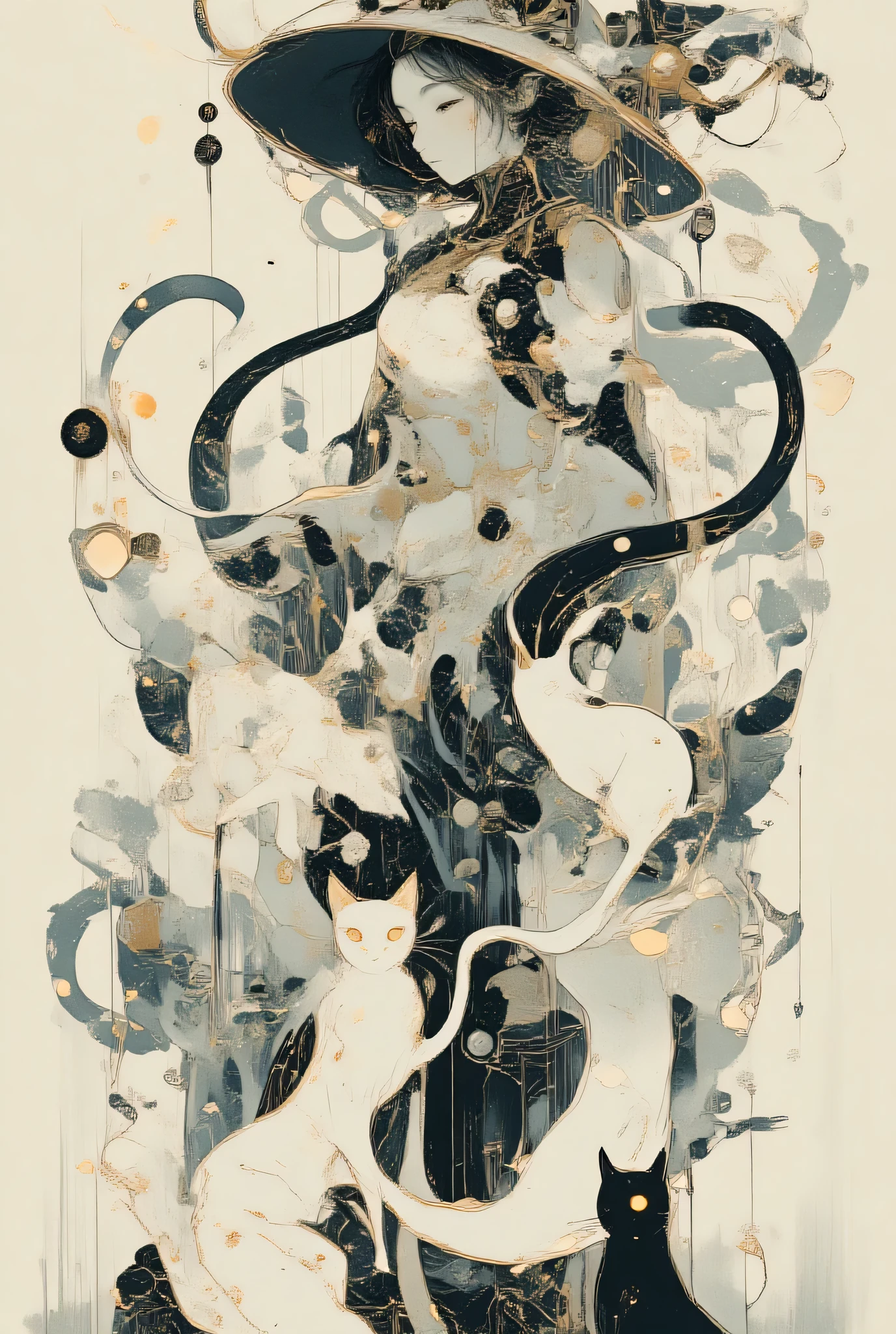 hkgod 、ArsMJStyle, Zen Ink Wash Sumi-e, Shape a beautiful girl composed of many cat-shaped icons and logos、Composed of cat icons1Girl、Cat Dance、many kinds of cat icons、ultra high definition、Greatest Masterpiece