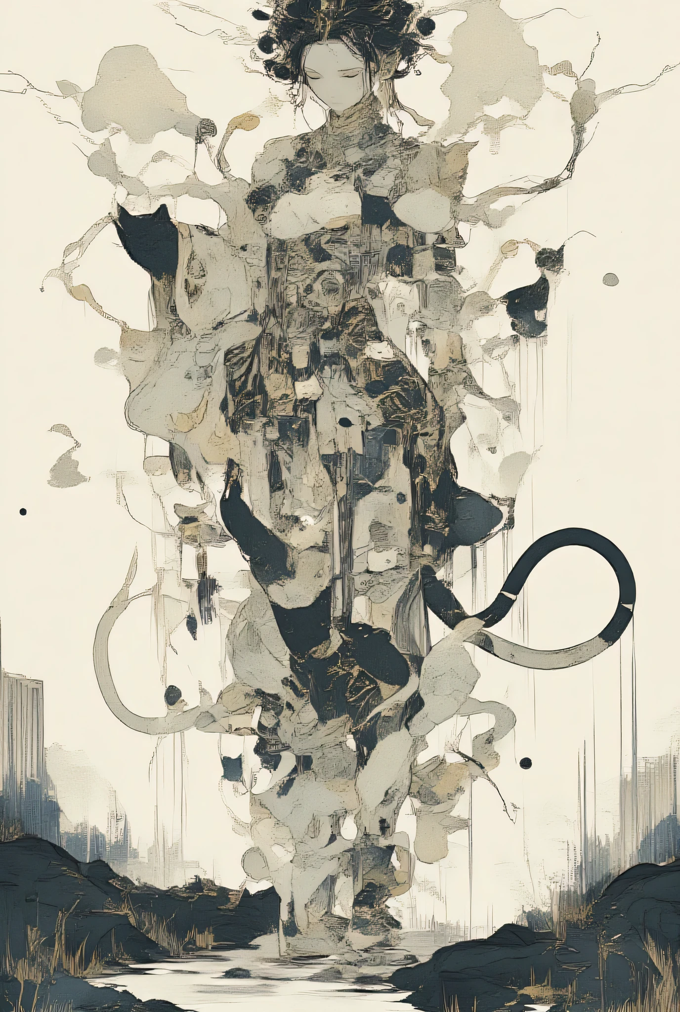 hkgod 、ArsMJStyle, Zen Ink Wash Sumi-e, Shape a beautiful girl composed of many cat-shaped icons and logos、Composed of cat icons1Girl、Cat Dance、many kinds of cat icons、ultra high definition、Greatest Masterpiece